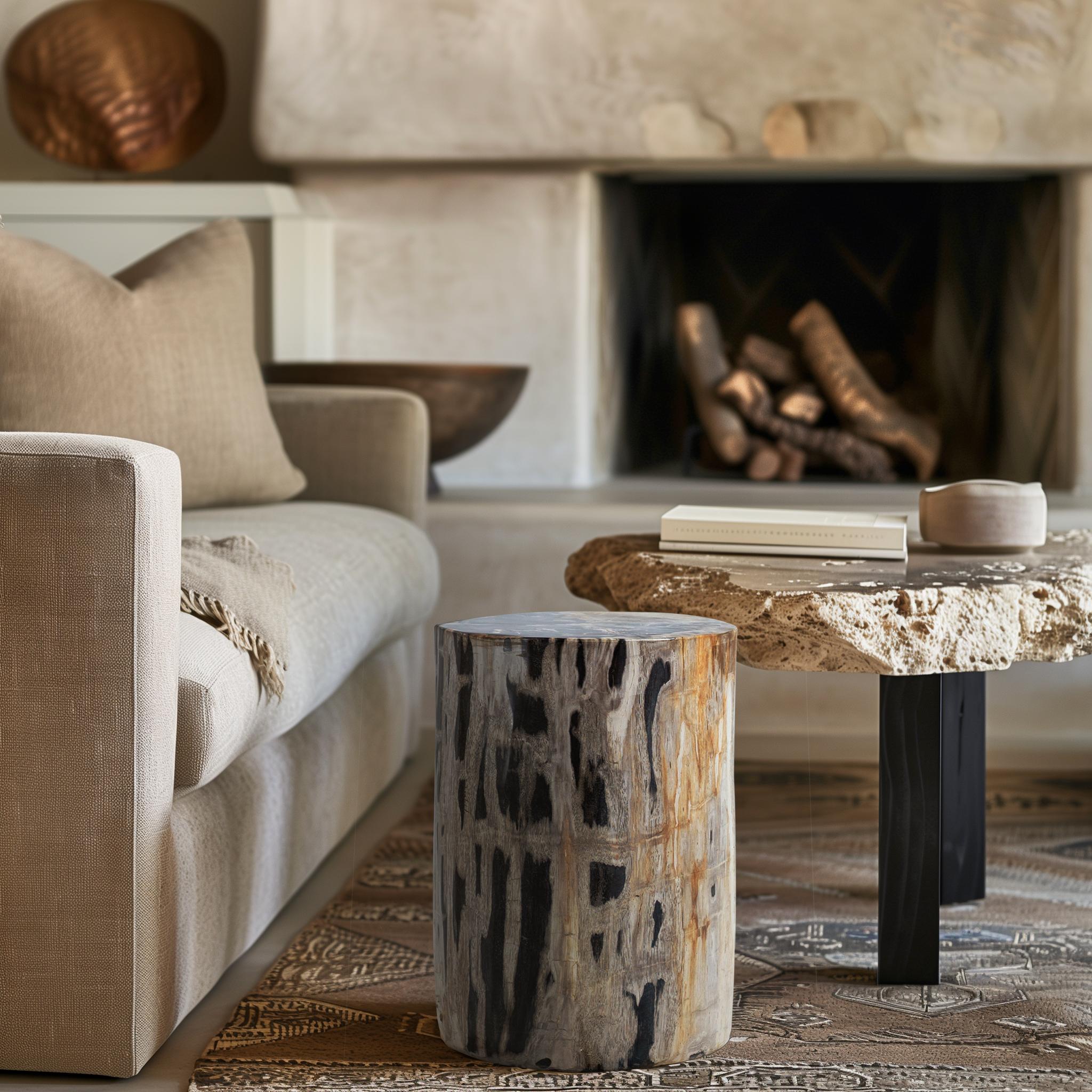 This polished petrified wood stump showcases a breathtaking combination of deep black, smoky gray, and warm amber tones, brought to life by vertical striations that add captivating visual texture. 

The natural grain and intricate fossilized