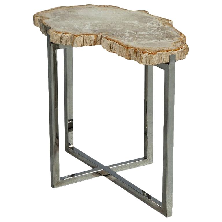 Custom Petrified Wood and Brass Accent Table For Sale at 1stDibs