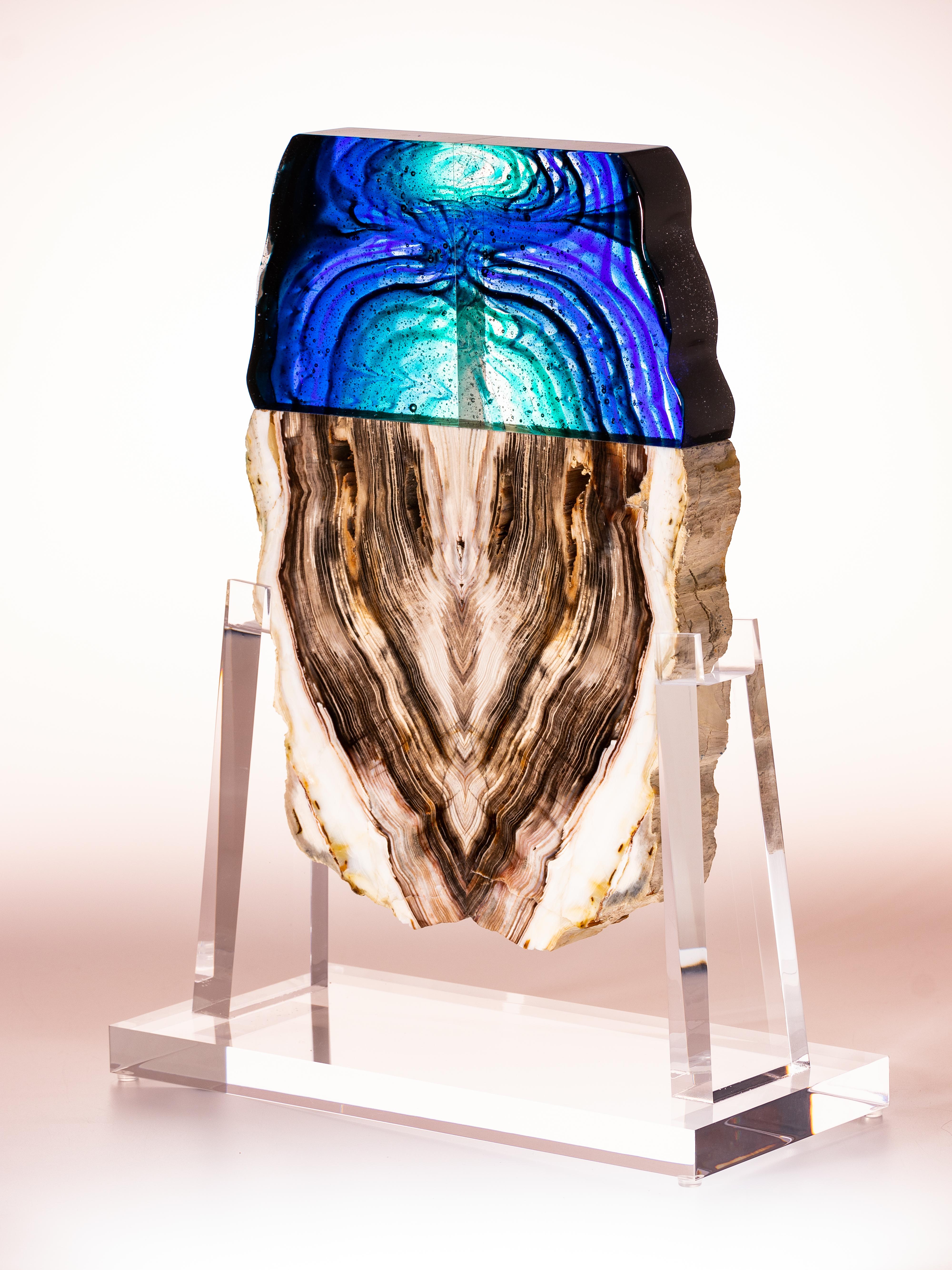 Petrified wood and glass sculpture collaboration between glass artist Orfeo Quagliata and Pietra Gallery artist Ernesto Duran.
This piece is called 