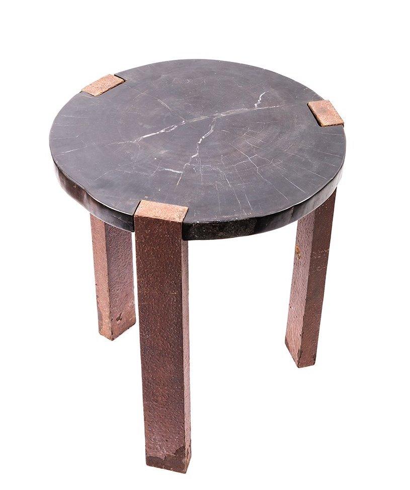 Hand-Crafted Petrified Wood and Oxidized Iron Side Table For Sale