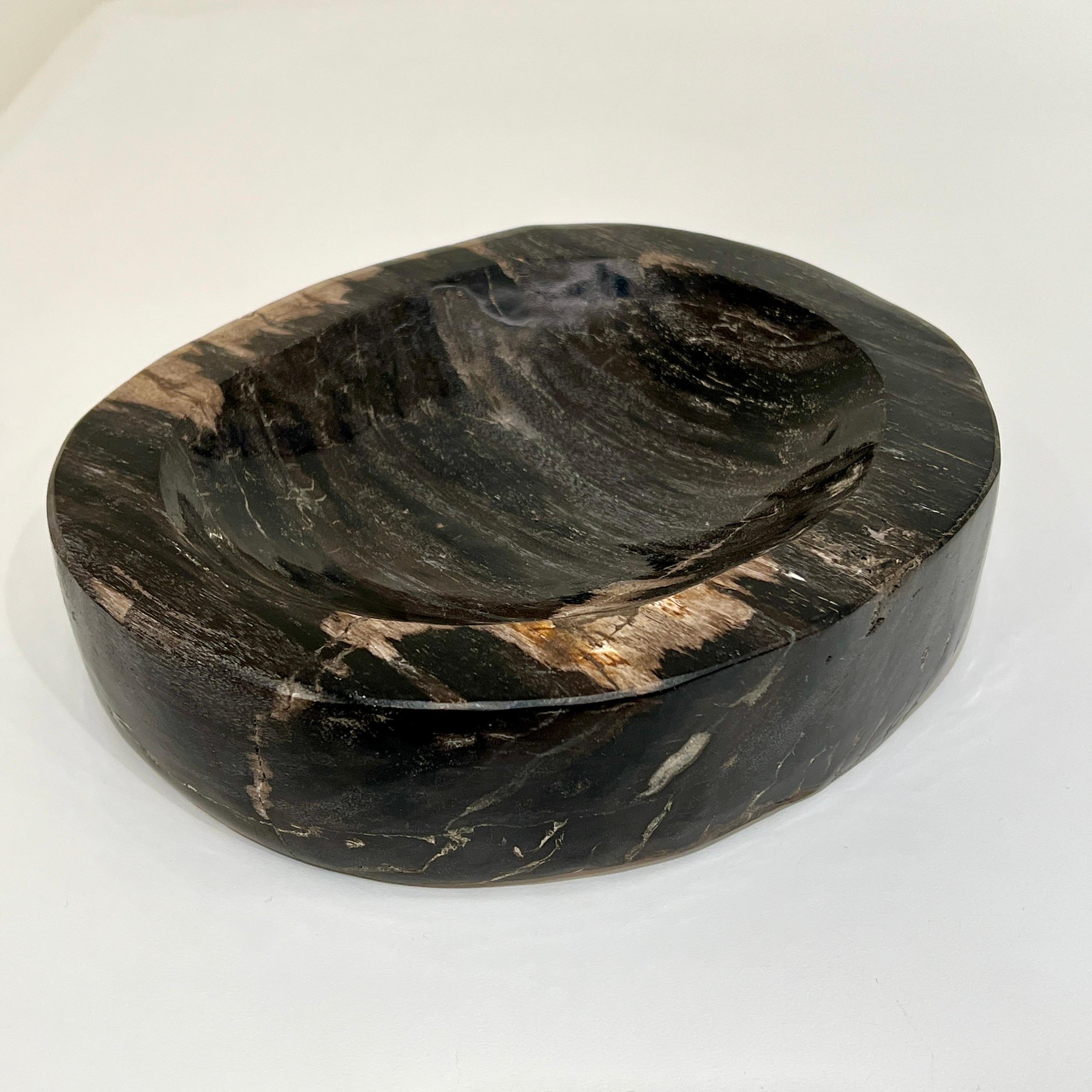 Organic Modern Petrified Wood Bowl in Black and Beige from Indonesia For Sale
