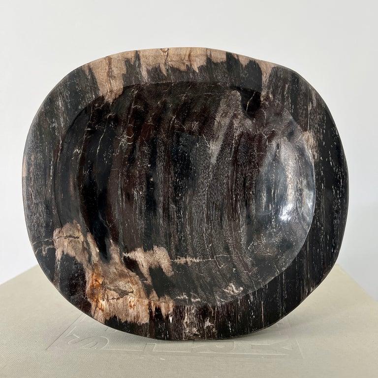 Polished Petrified Wood Bowl in Black and Beige from Indonesia For Sale