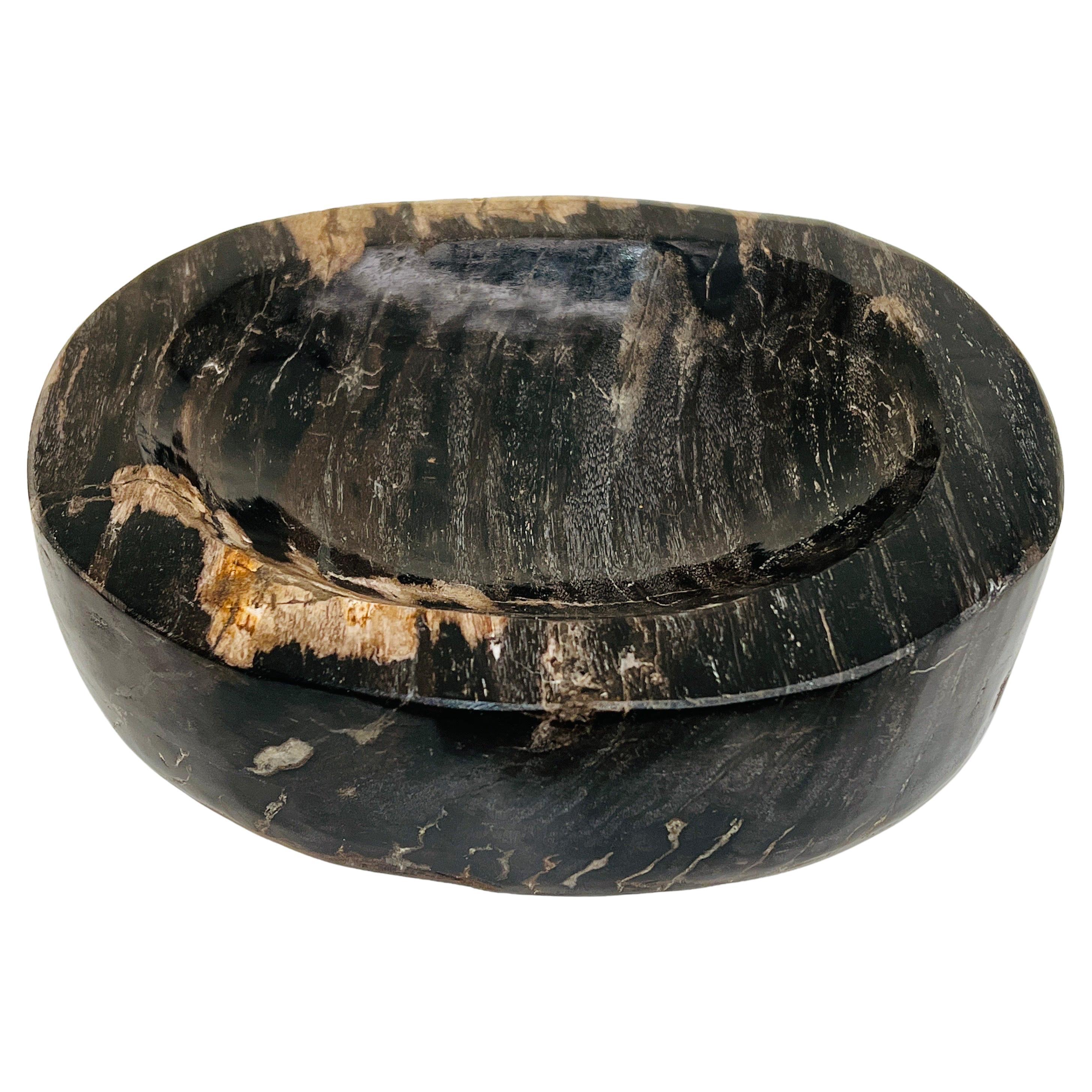 Petrified Wood Bowl in Black and Beige from Indonesia For Sale