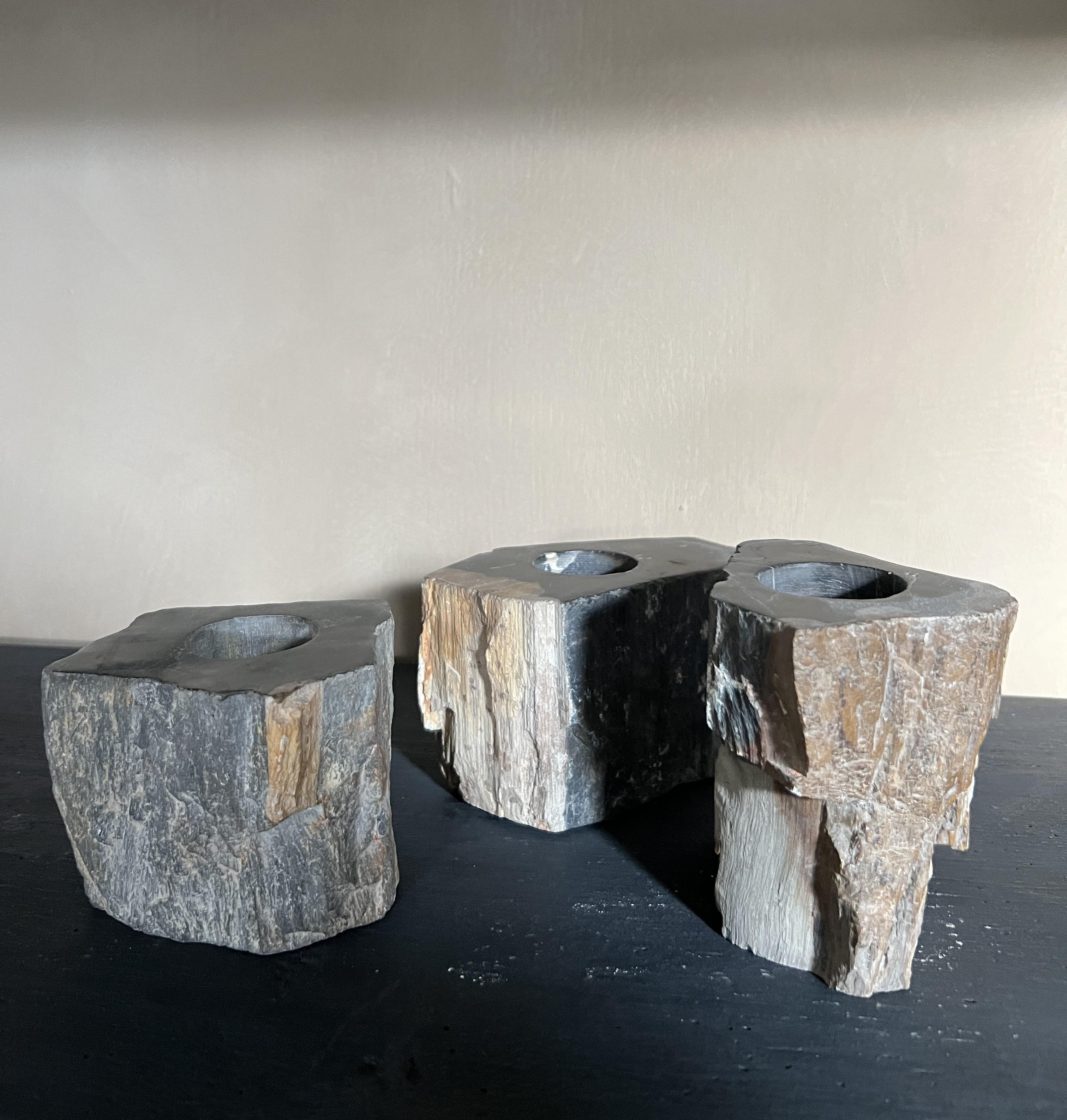 Hand-Crafted Petrified wood candleholders stone For Sale