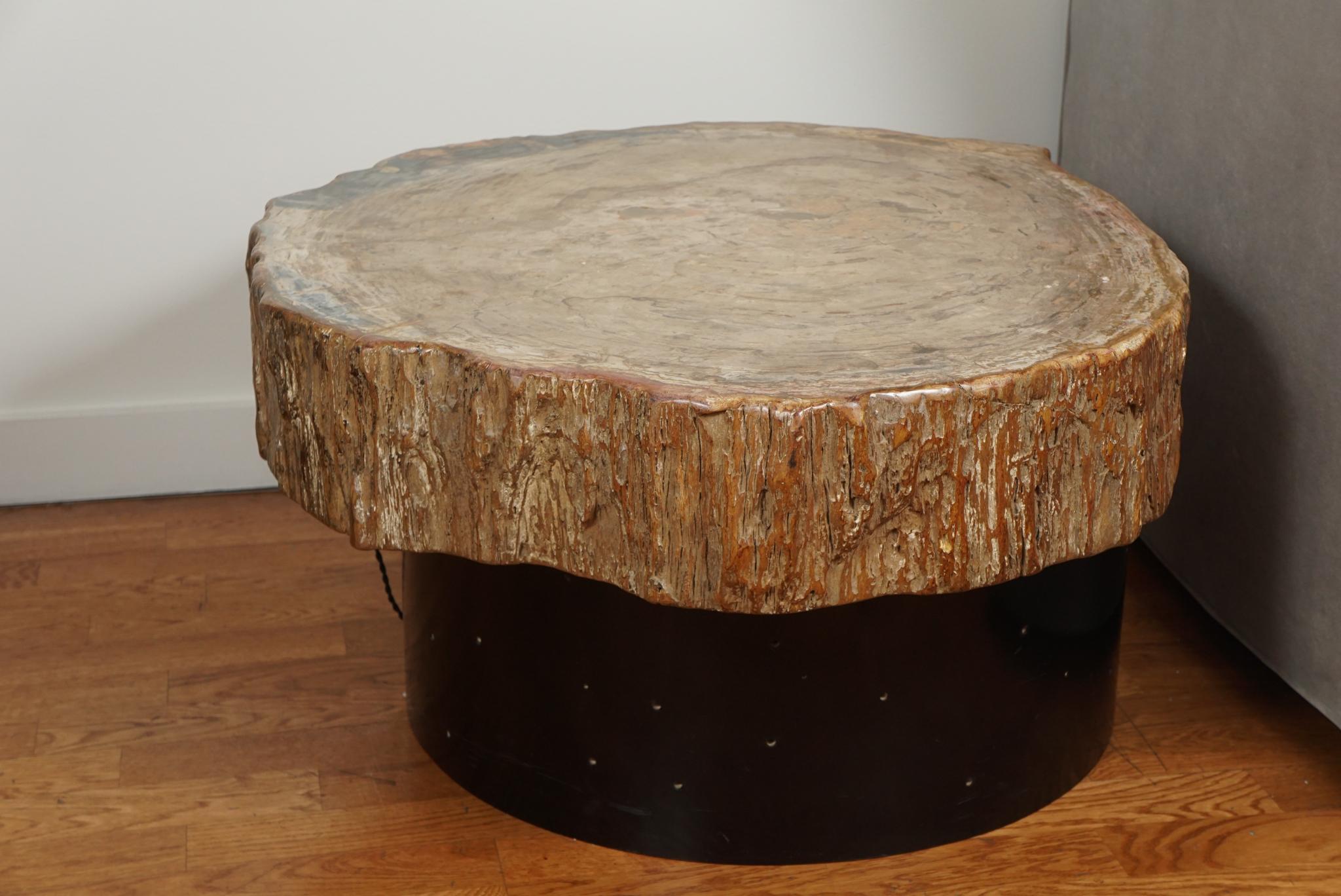 A modernist cocktail table featuring a round base in black lacquered wood with multiple perforations as an interior light source.
on the base sits a top composed of a thick petrified wood slab with a natural edge.