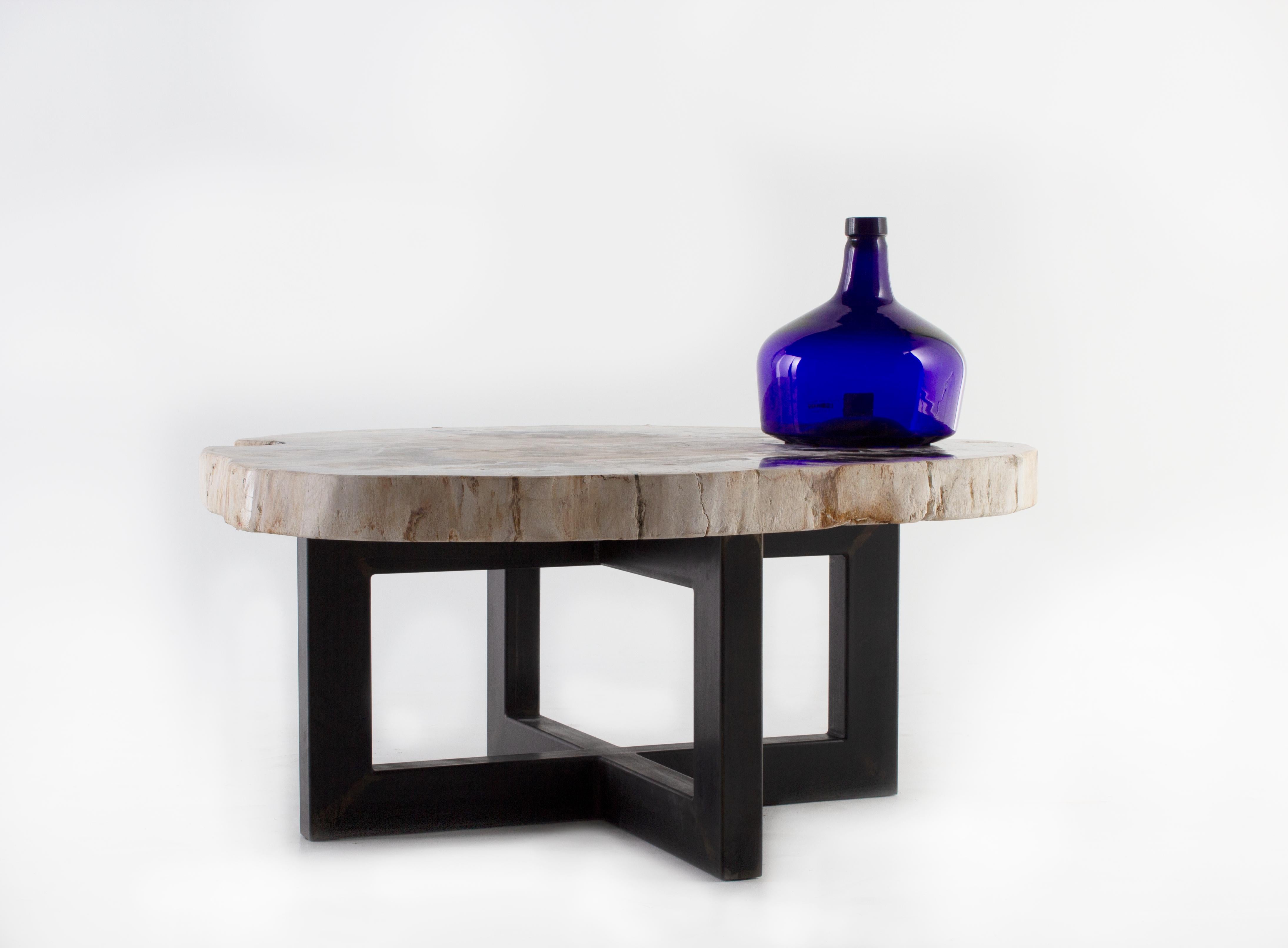 Petrified wood coffee table on black steel mount.