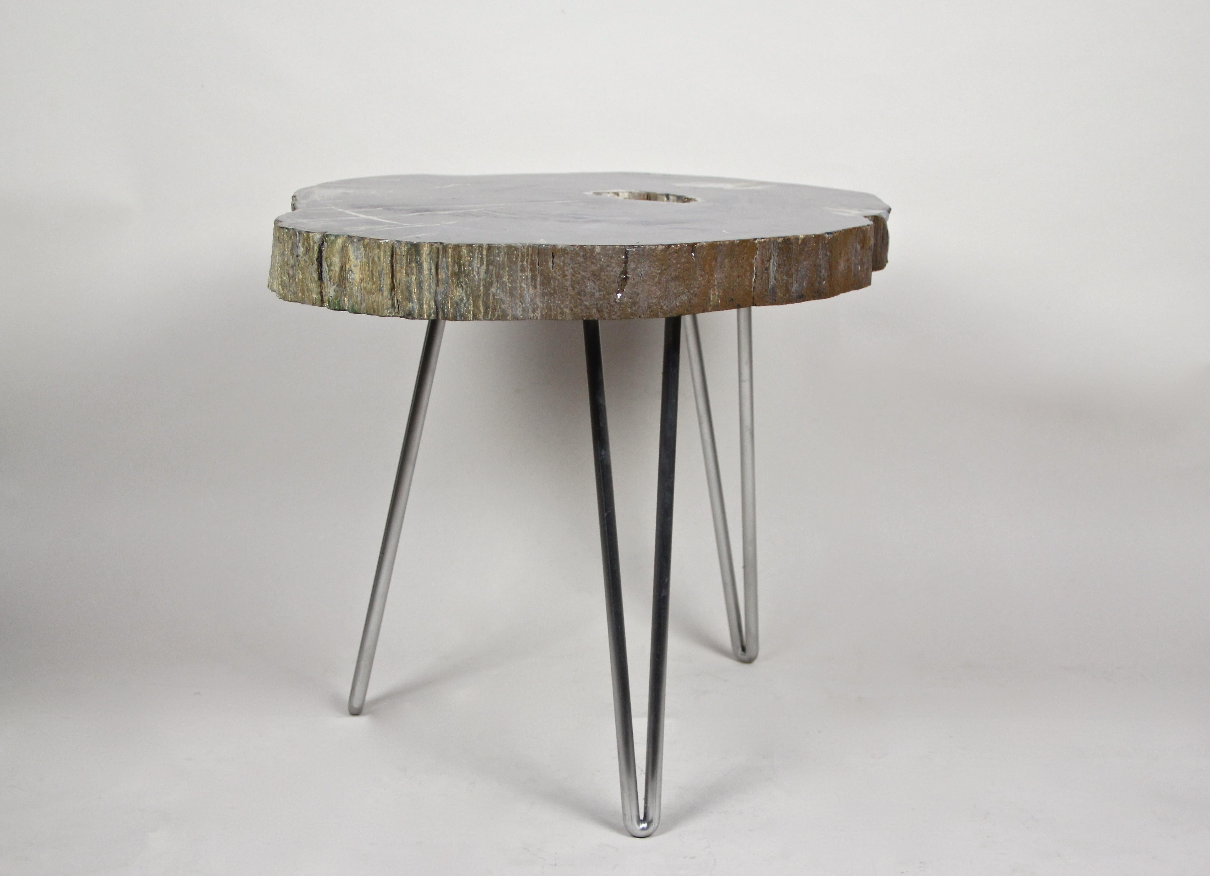 Table basse en bois pétrifié sur pieds en acier inoxydable, moderne et organique en vente 5