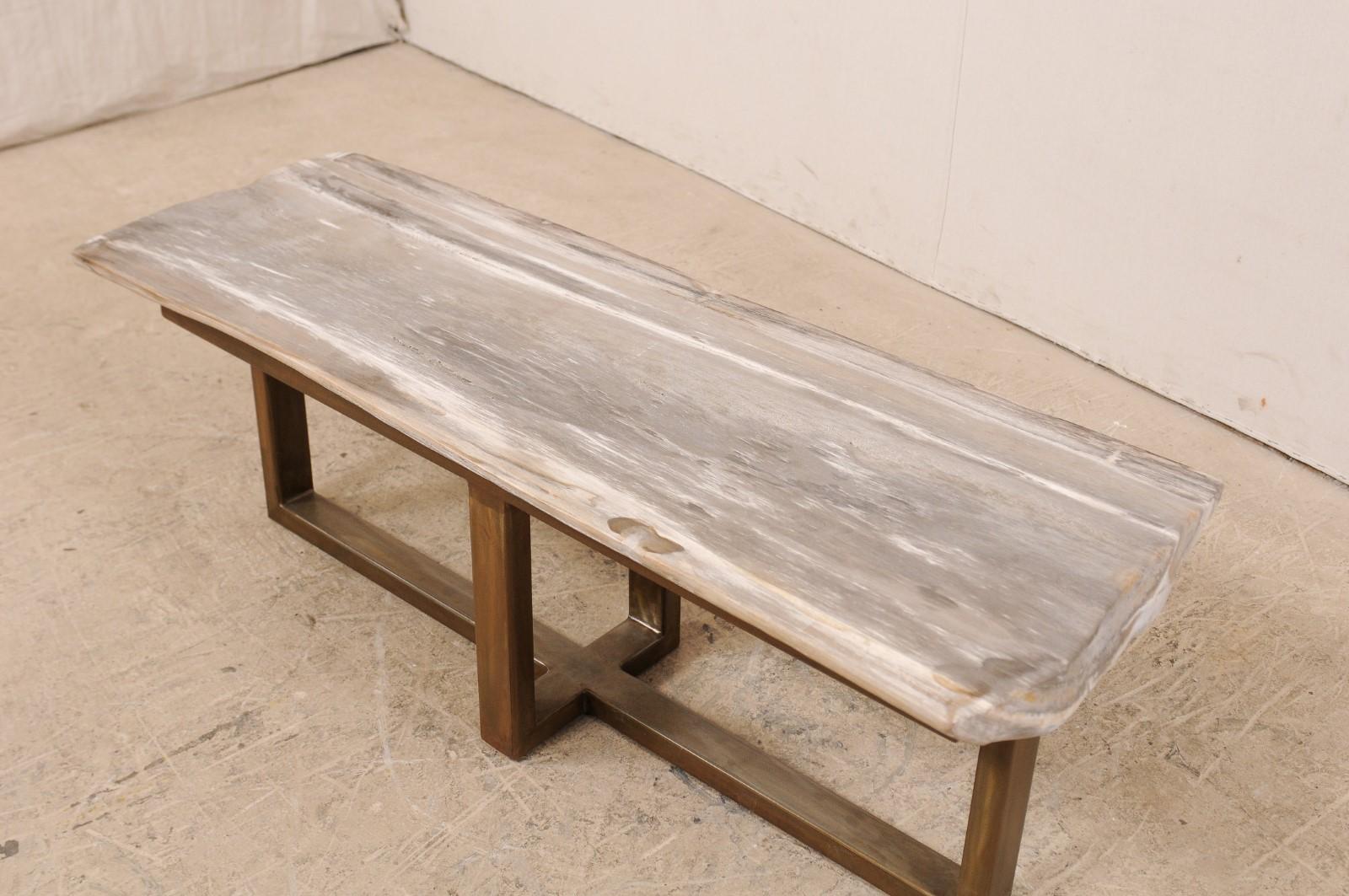 Modern Petrified Wood Top Coffee Table on Custom Metal Base, Would Also Work as a Bench