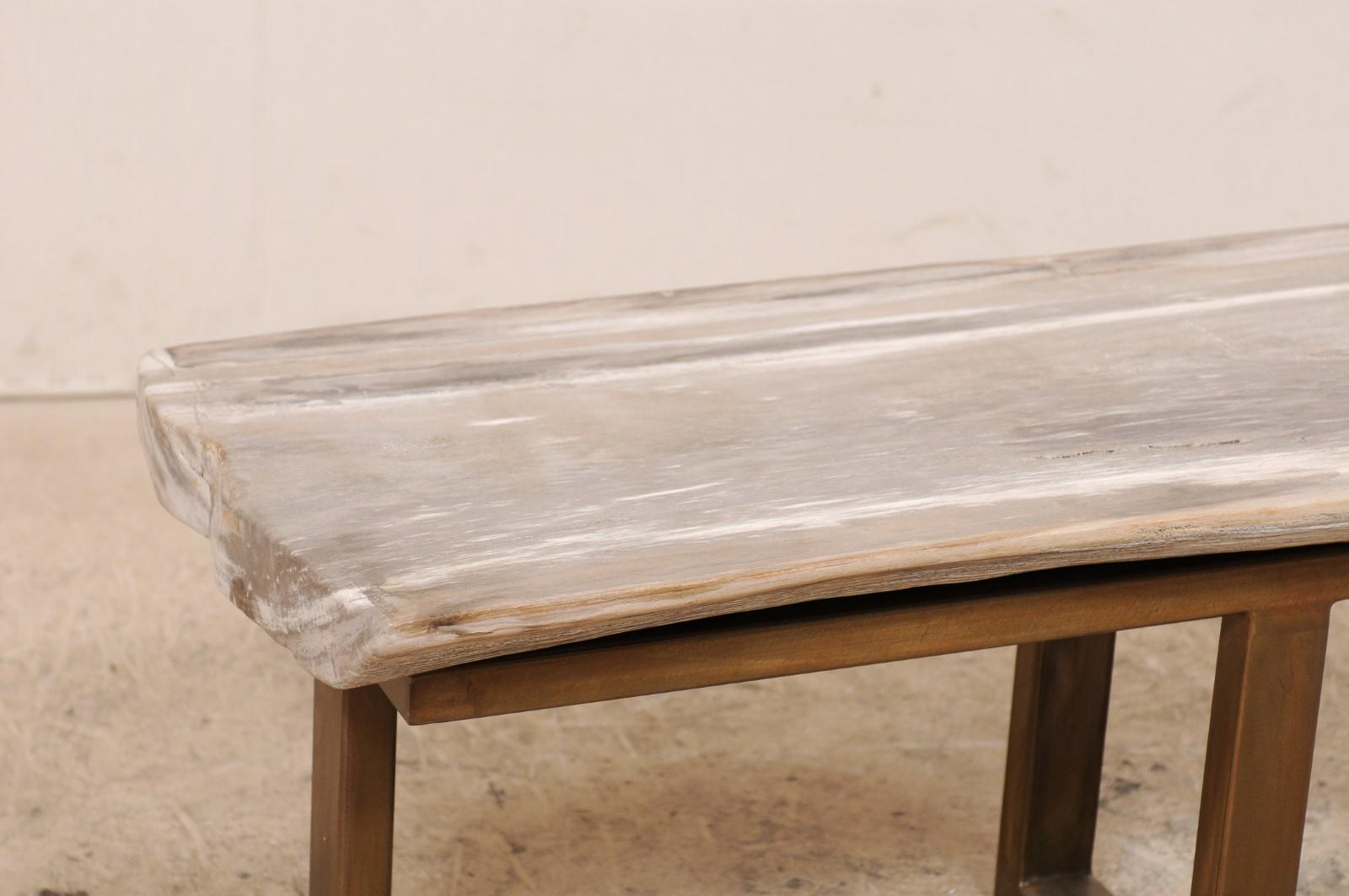 Polished Petrified Wood Top Coffee Table on Custom Metal Base, Would Also Work as a Bench