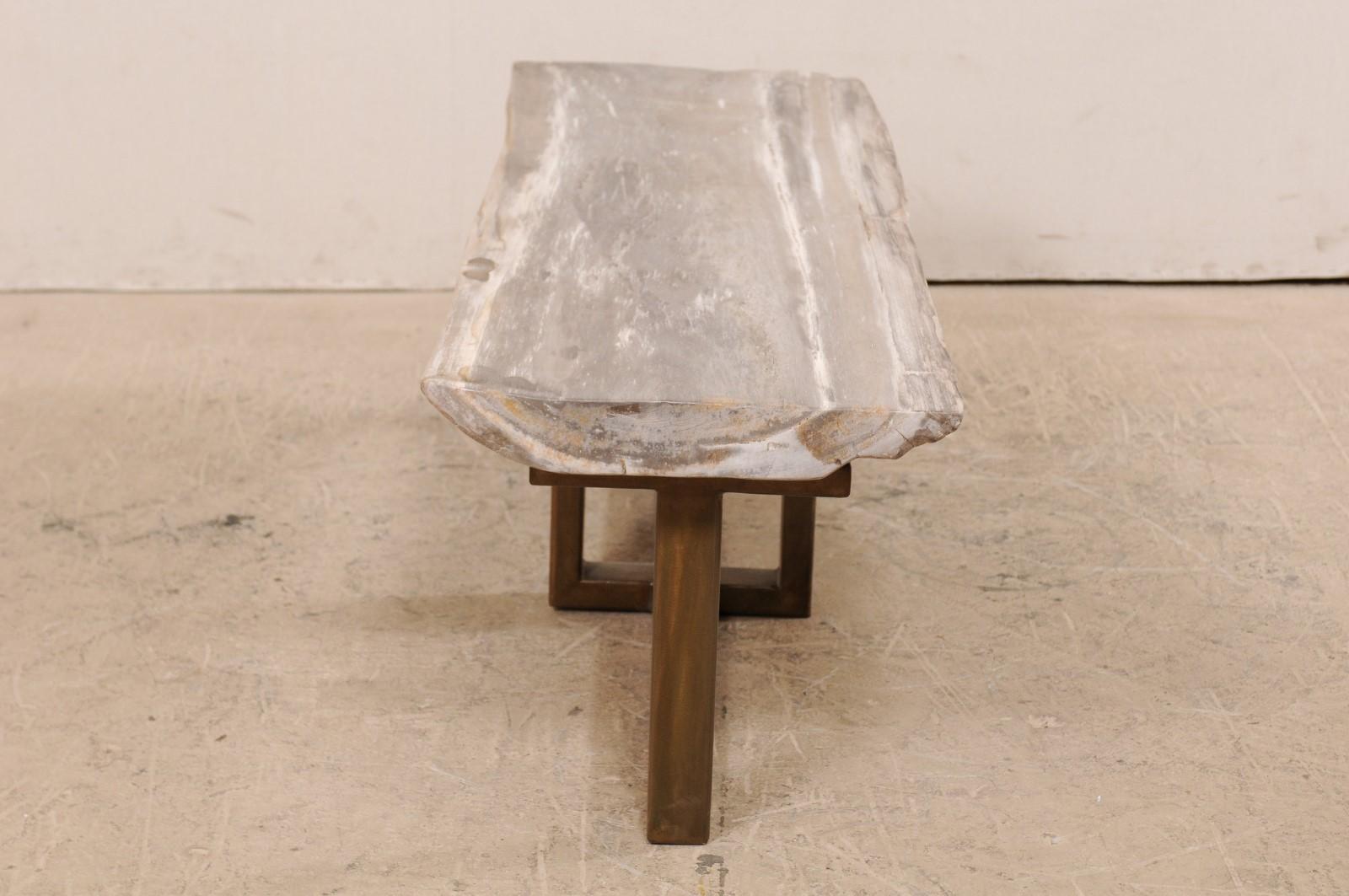 Contemporary Petrified Wood Top Coffee Table on Custom Metal Base, Would Also Work as a Bench