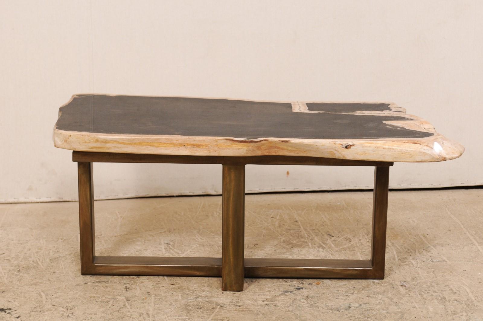 Table basse ou banc en bois pétrifié avec base en métal moderne et élégante en vente 2