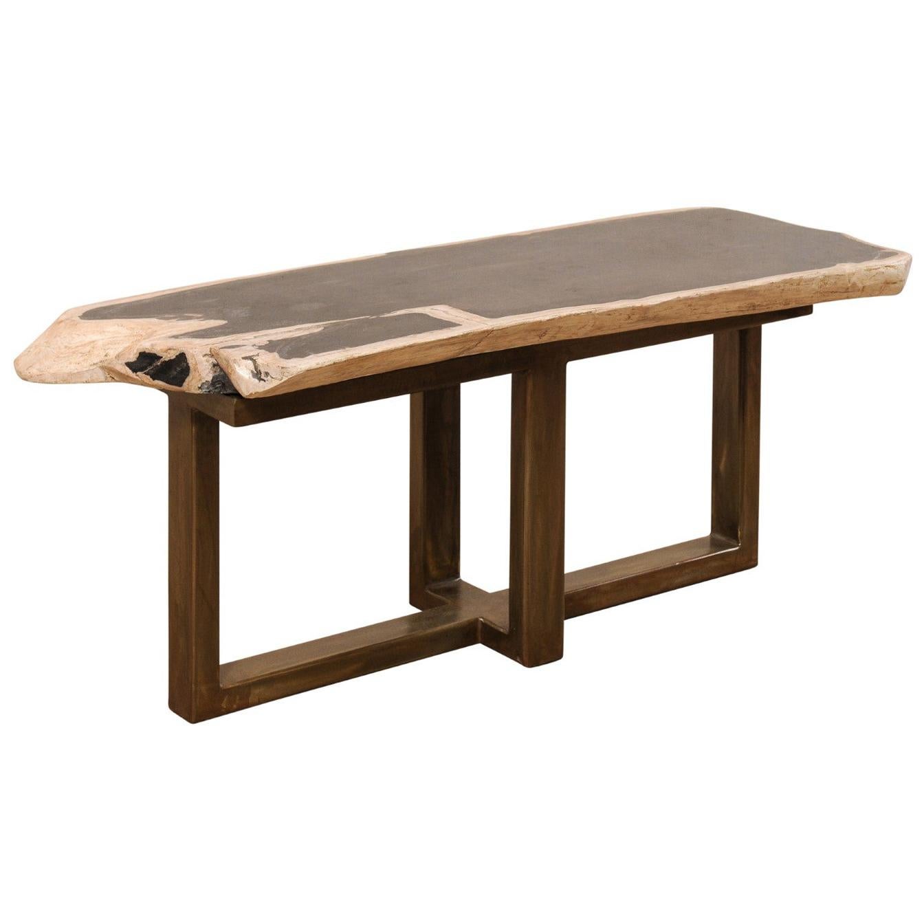 Table basse ou banc en bois pétrifié avec base en métal moderne et élégante en vente