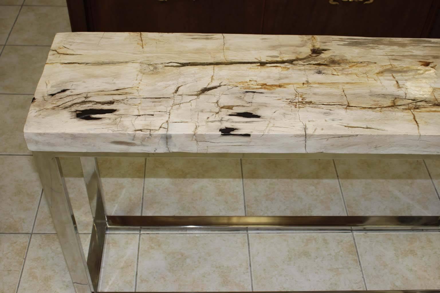 French Petrified Wood Console Stainless Steel Base