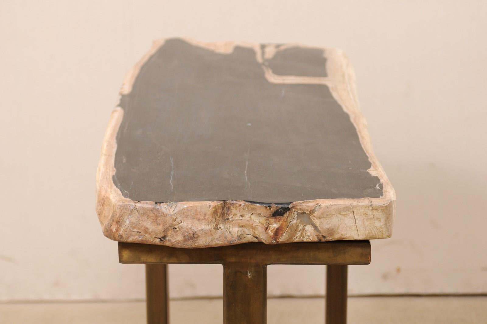 Polished Petrified Wood Console Table on Custom Modern Base For Sale