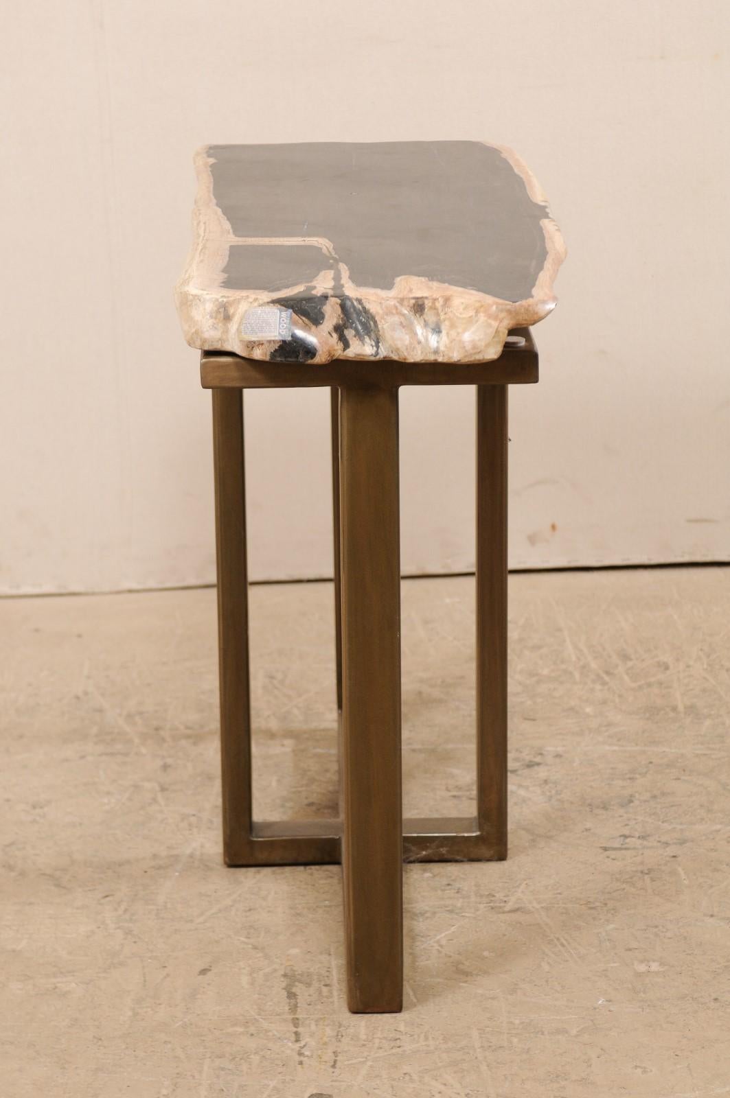 Metal Petrified Wood Console Table on Custom Modern Base For Sale