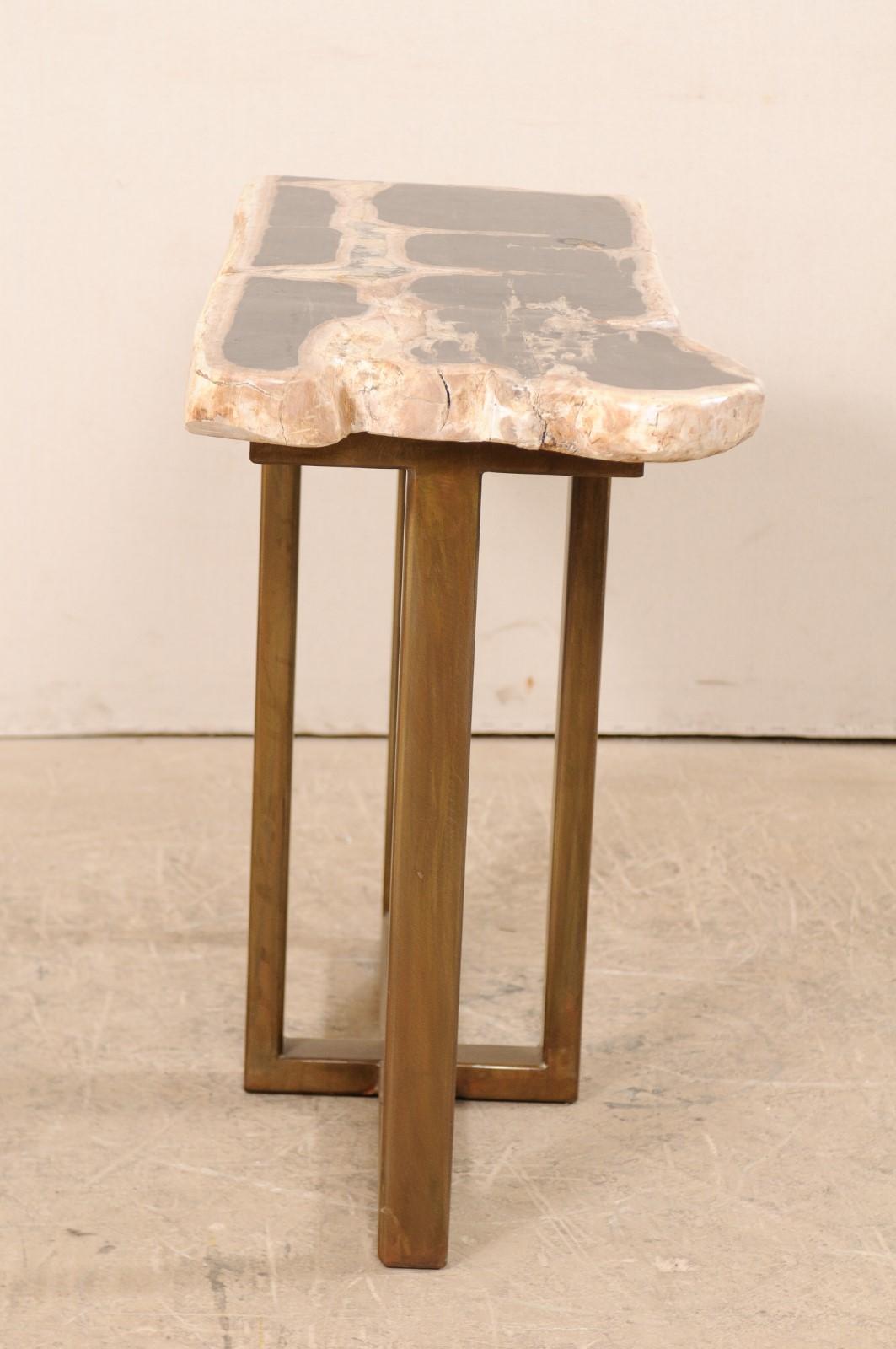 Polished Petrified Wood Console Table with Modern Metal Base For Sale