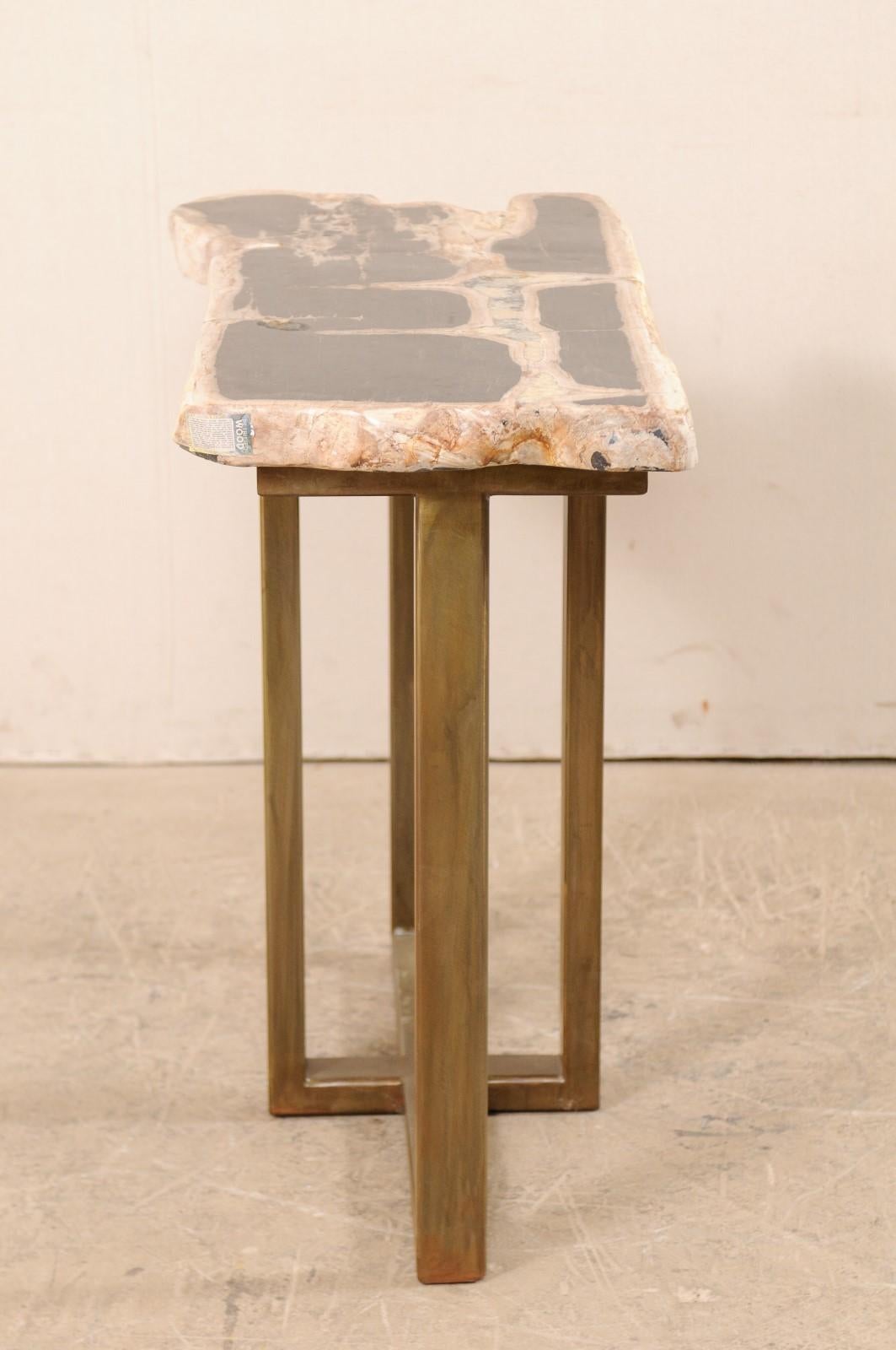 Petrified Wood Console Table with Modern Metal Base In Good Condition For Sale In Atlanta, GA