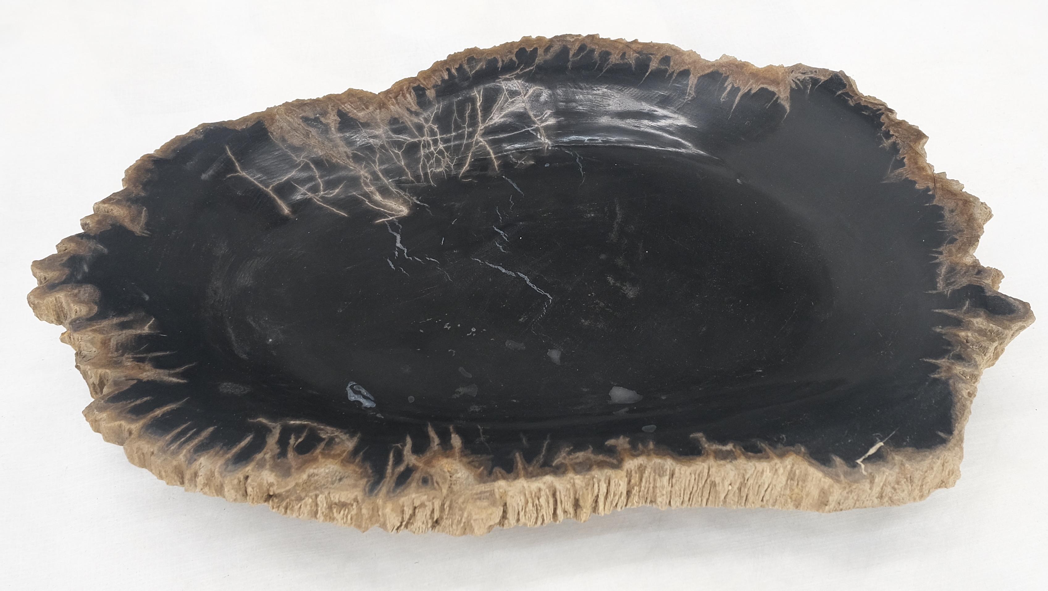 Mid-Century Modern Petrified Wood Heart Shape Solid Black Elongated Bowl Dish Large Plate Ashtray For Sale