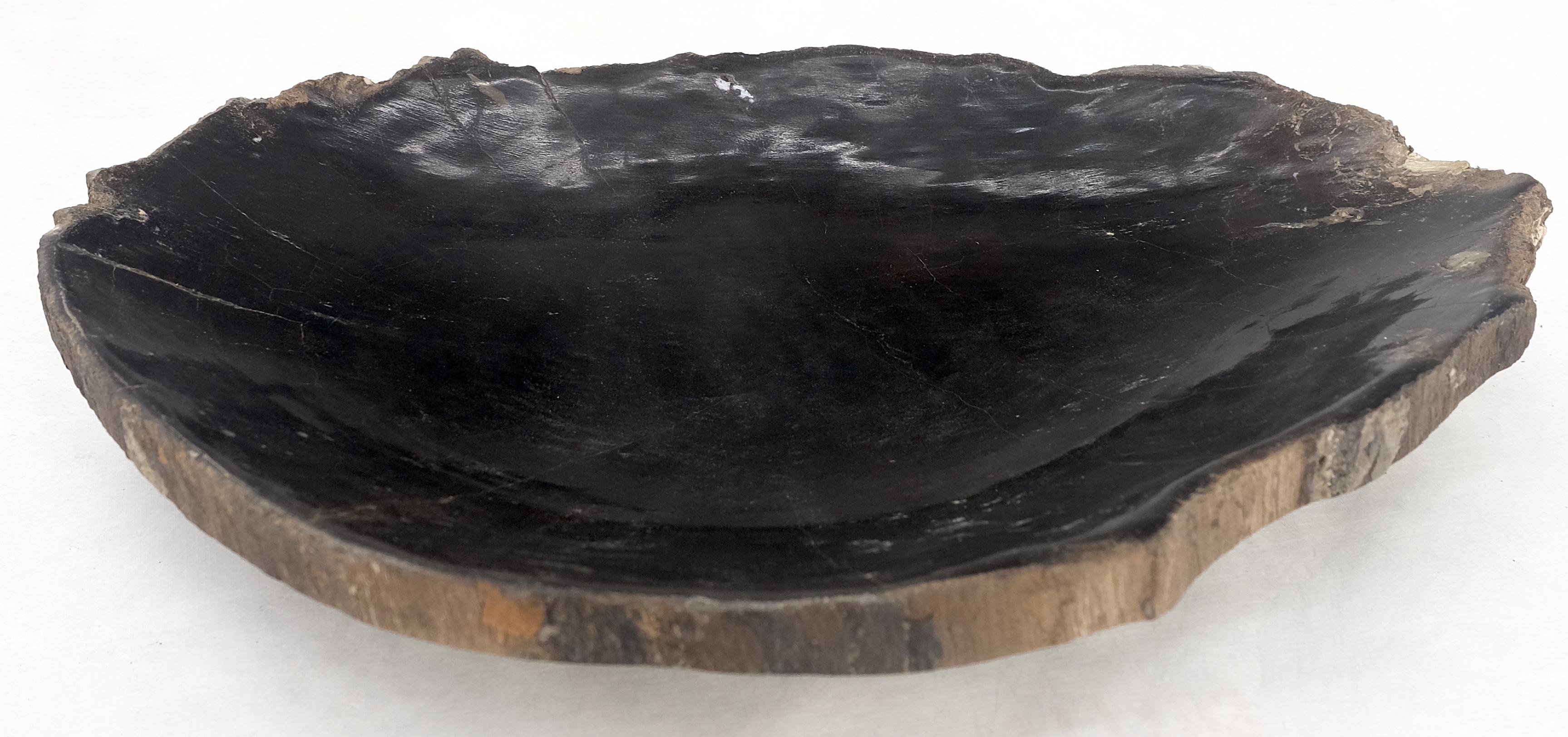 Indonesian Petrified Wood Heart Shape Solid Black Elongated Bowl Dish Large Plate Ashtray For Sale