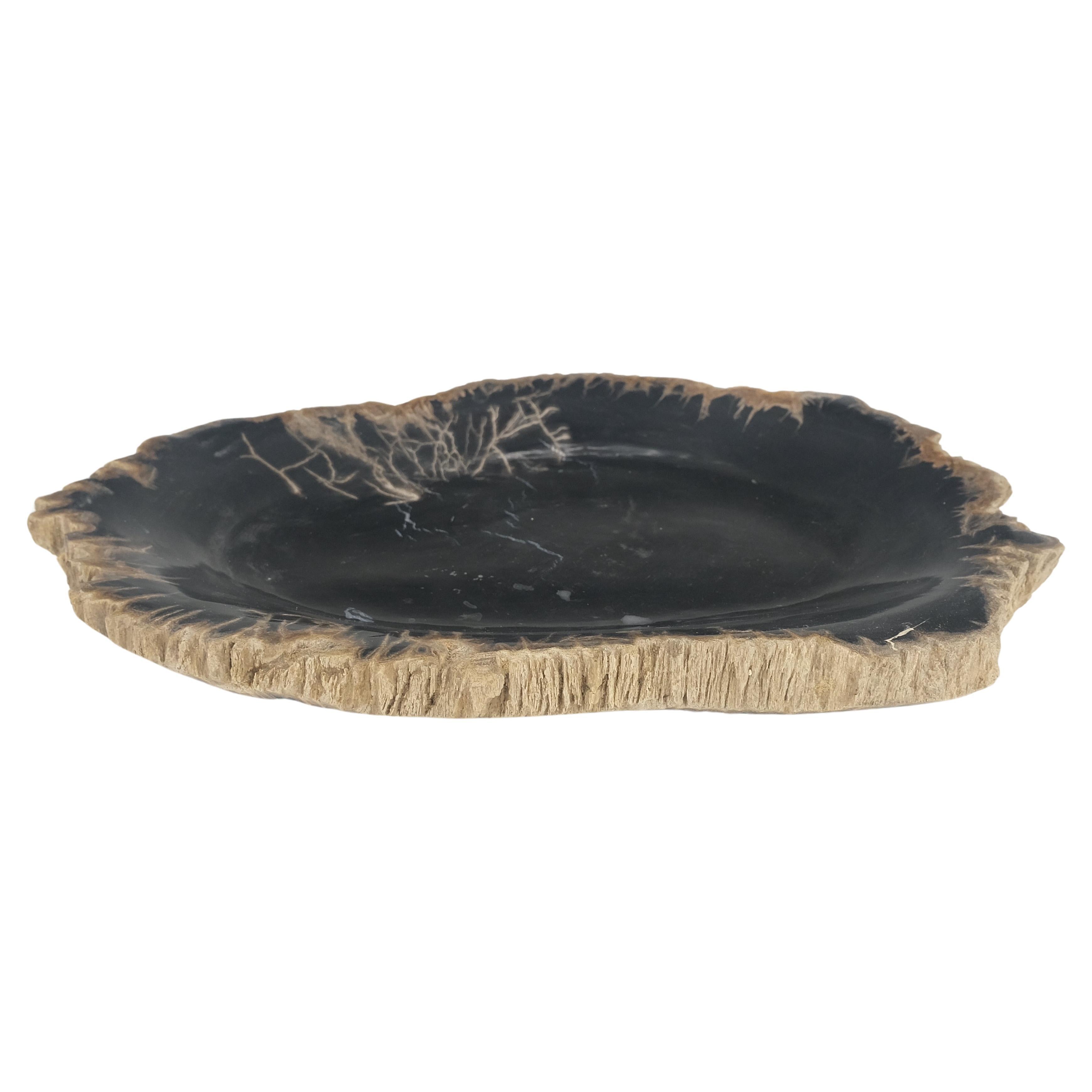 Petrified Wood Heart Shape Solid Black Elongated Bowl Dish Large Plate Ashtray For Sale