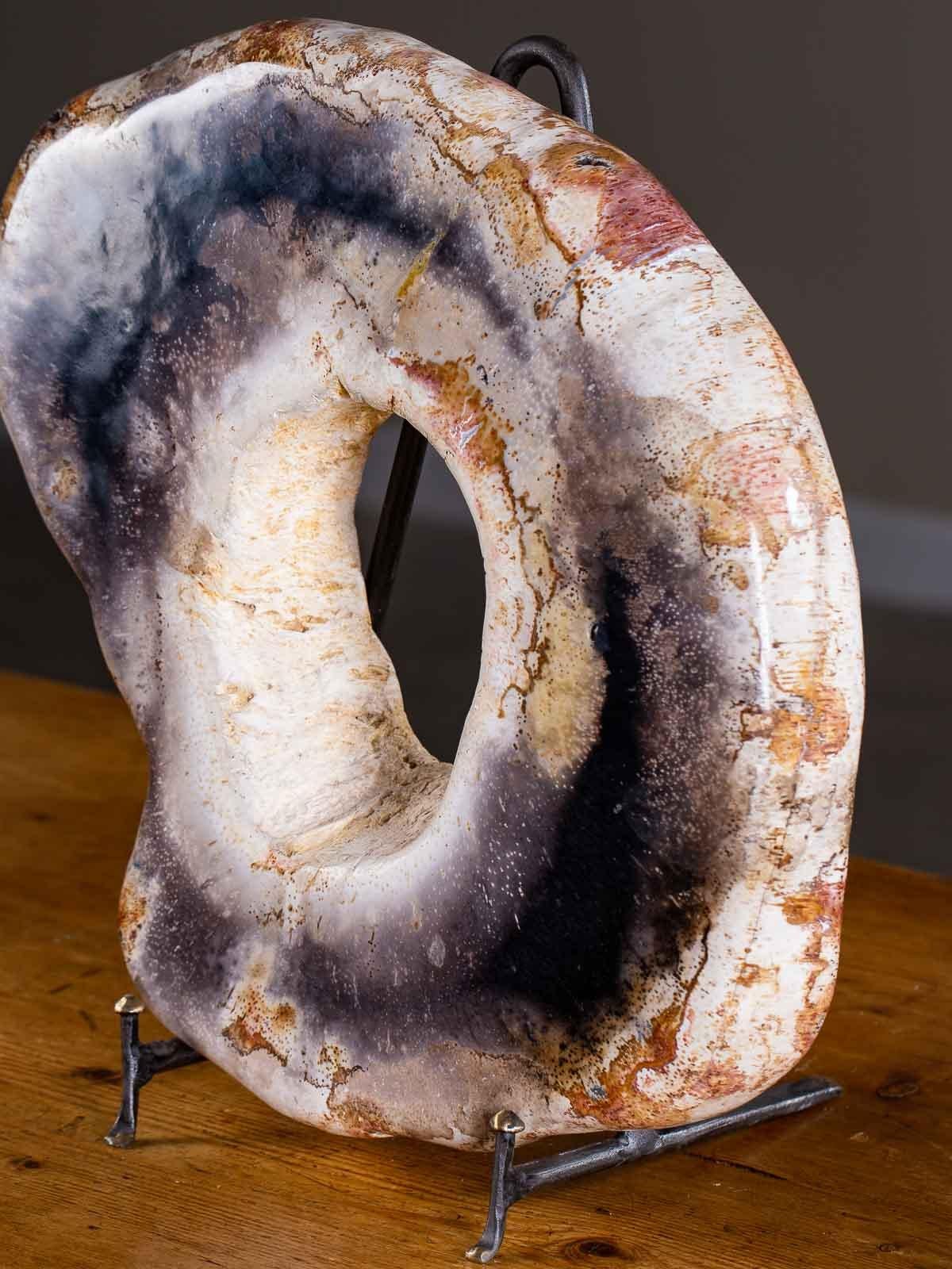 Organic Modern Petrified Wood Ring Sculpture on Custom Stand