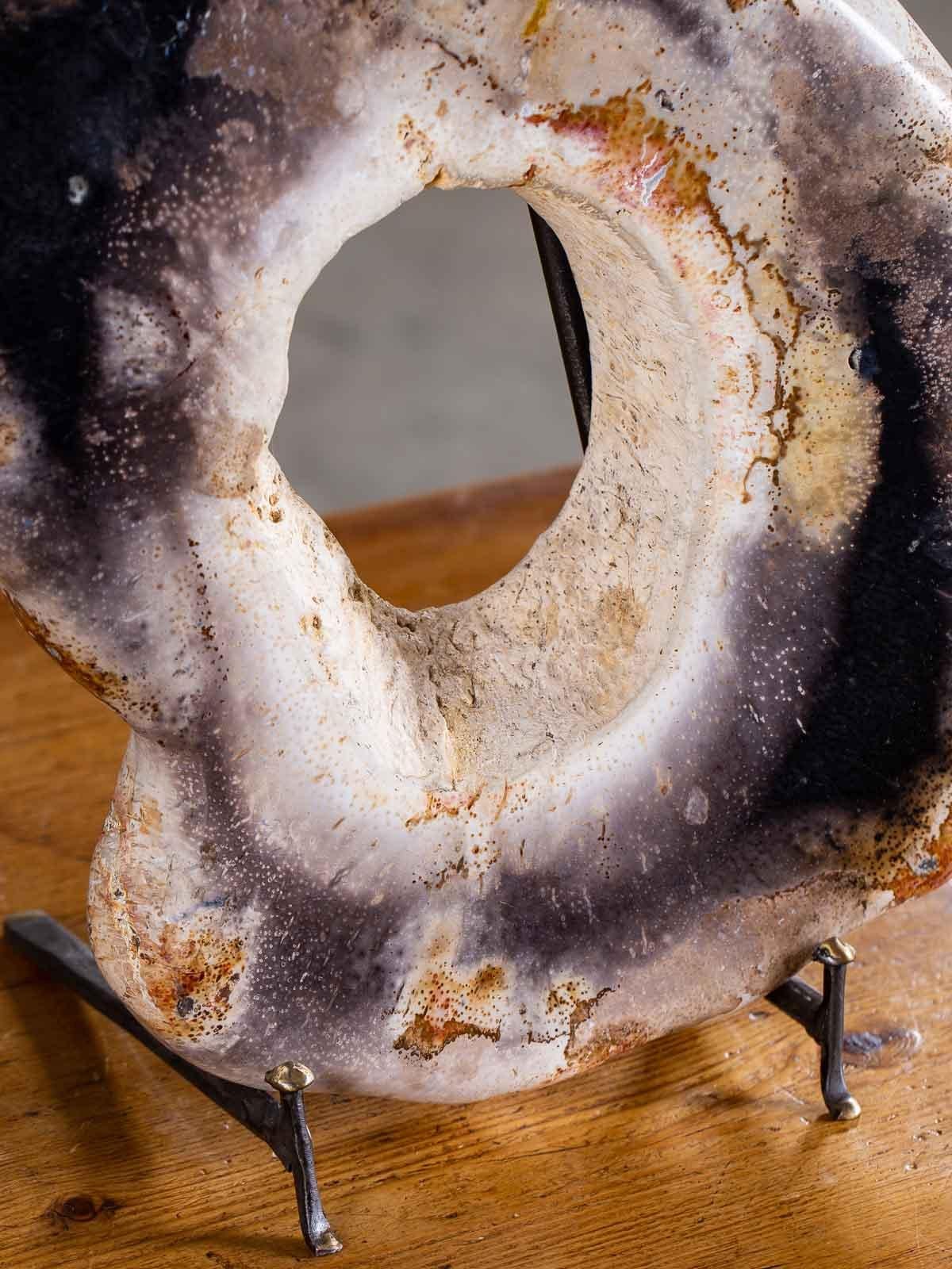Hand-Crafted Petrified Wood Ring Sculpture on Custom Stand