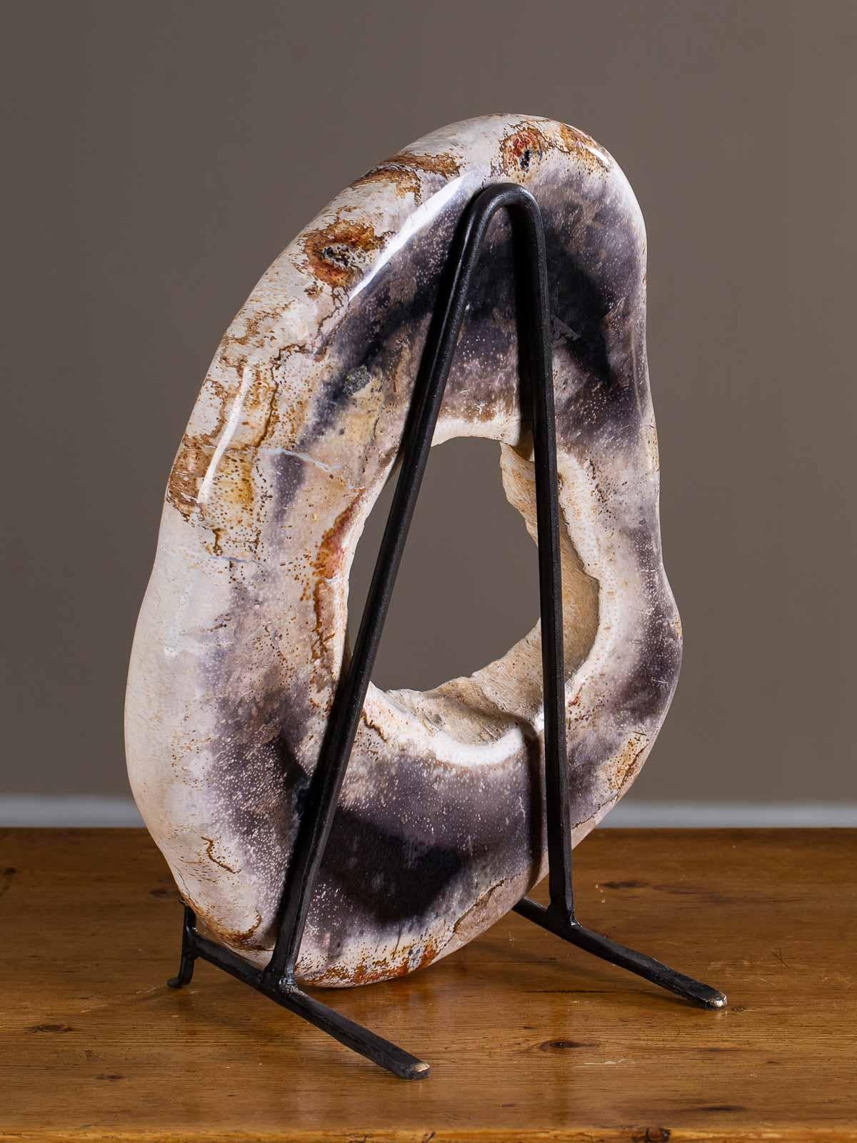 Petrified Wood Ring Sculpture on Iron Stand 2