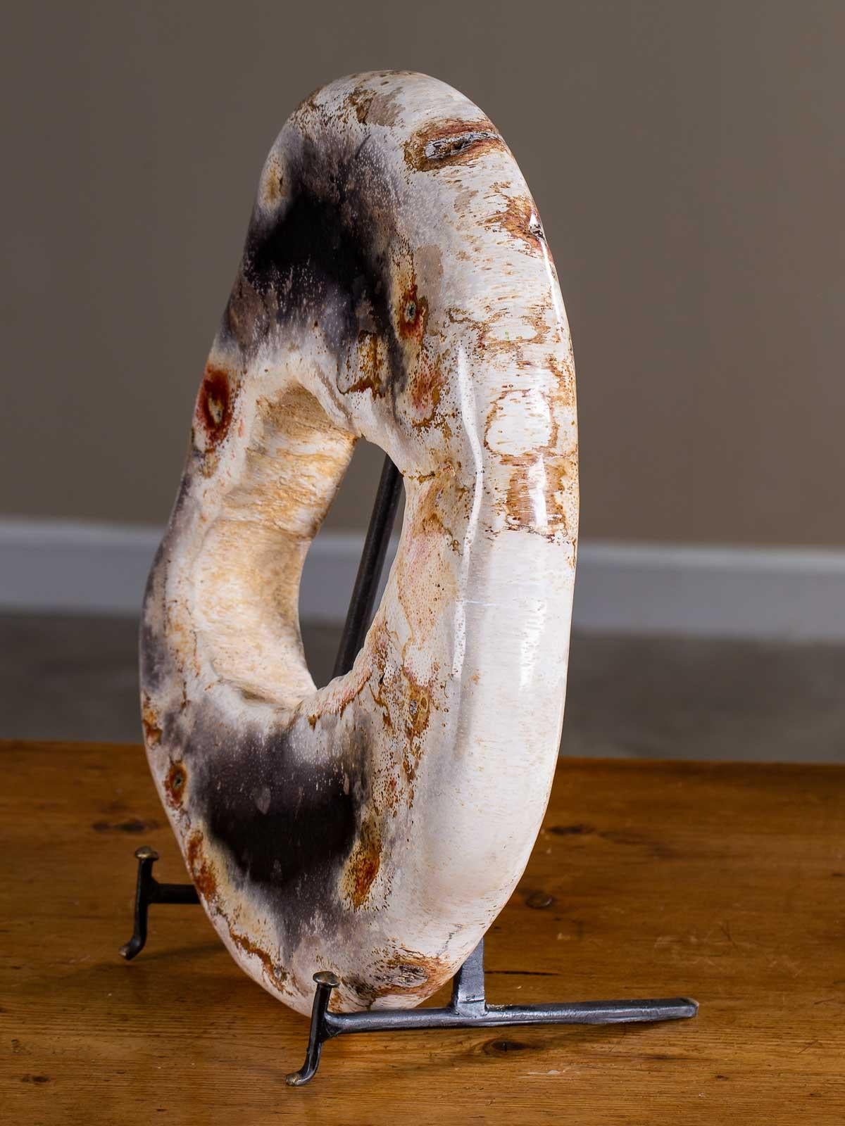 Petrified Wood Ring Sculpture on Iron Stand 1