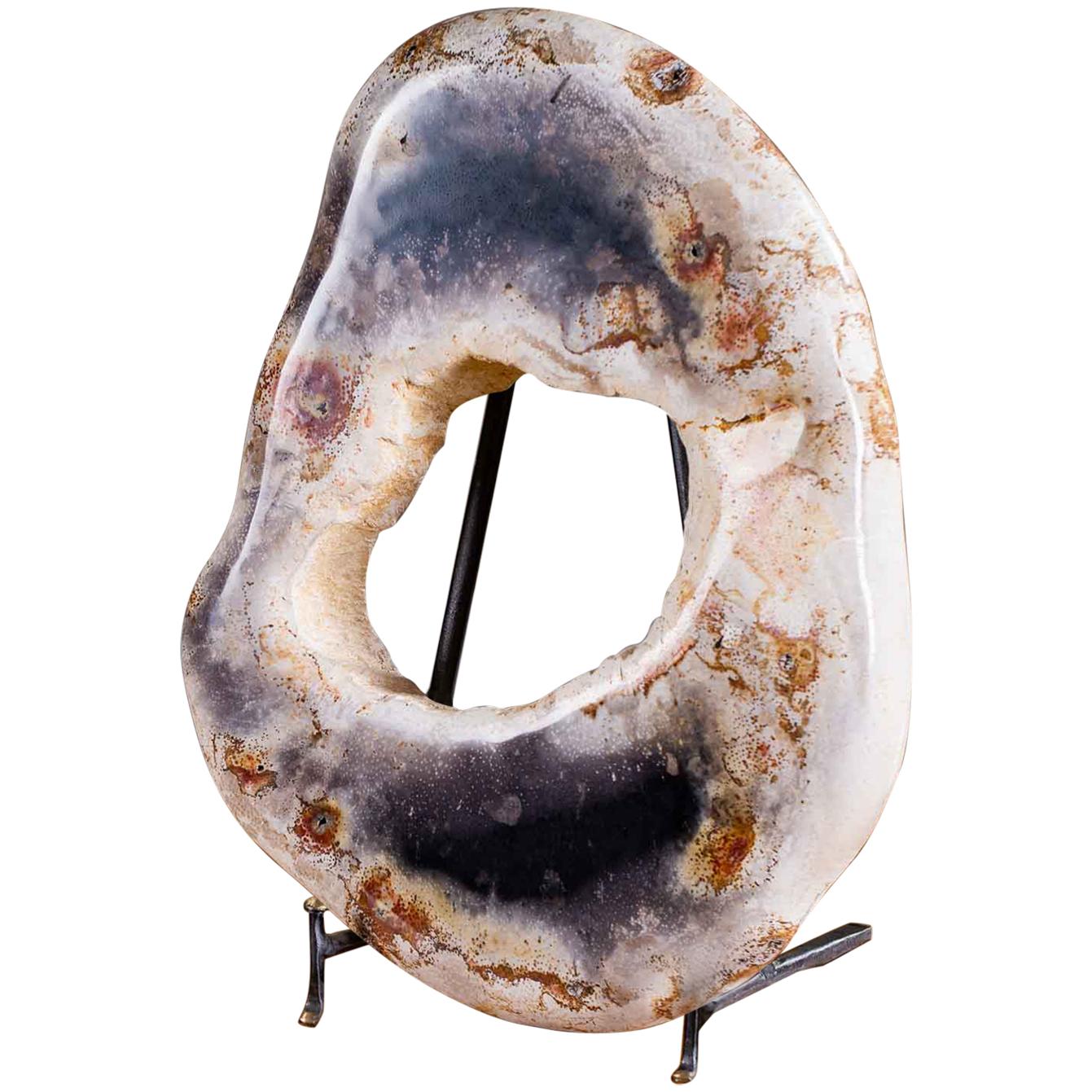 Petrified Wood Ring Sculpture on Iron Stand