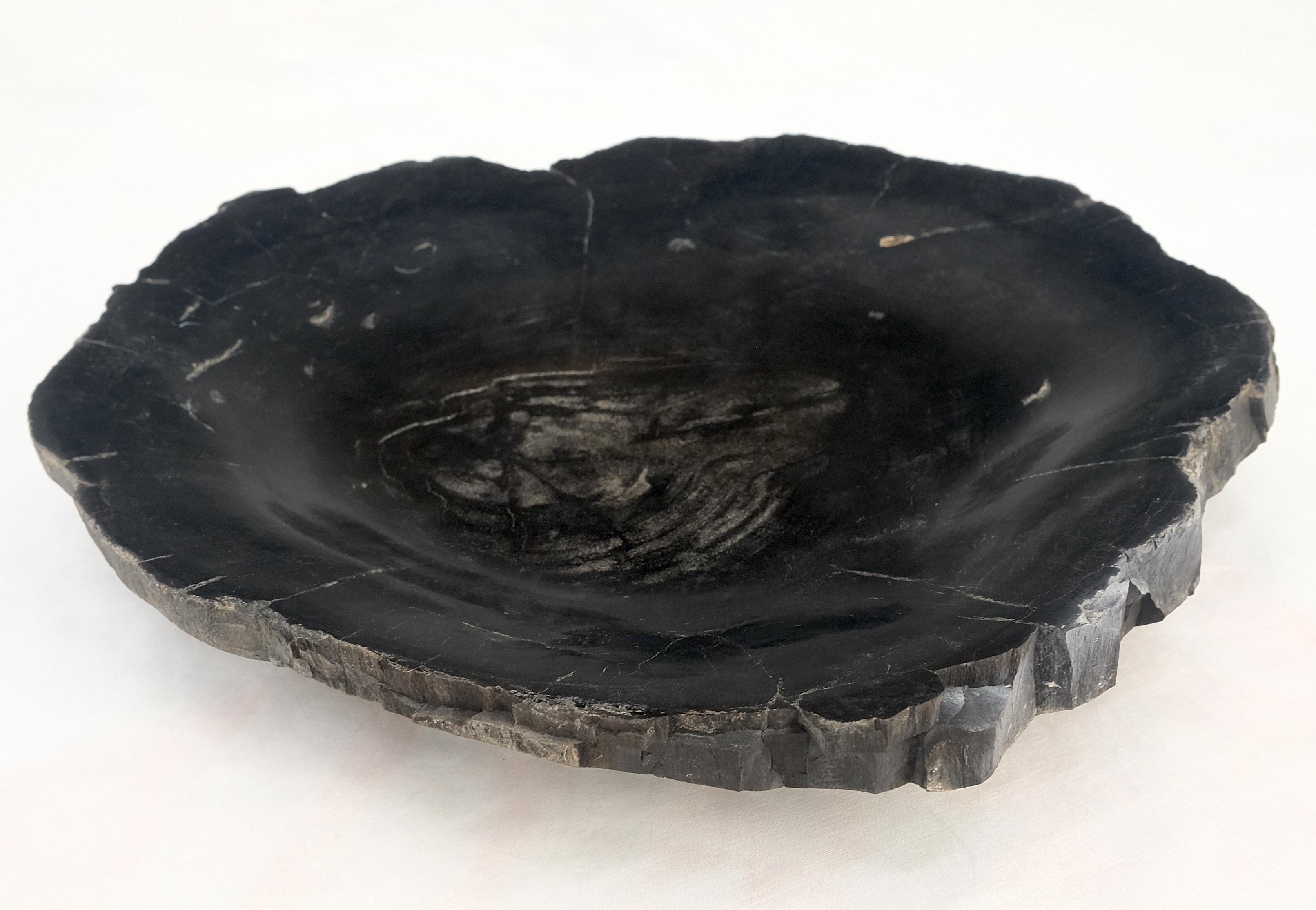 Indonesian Petrified Wood Round Shape Solid Black Round Bowl Dish Large Plate Ashtray For Sale