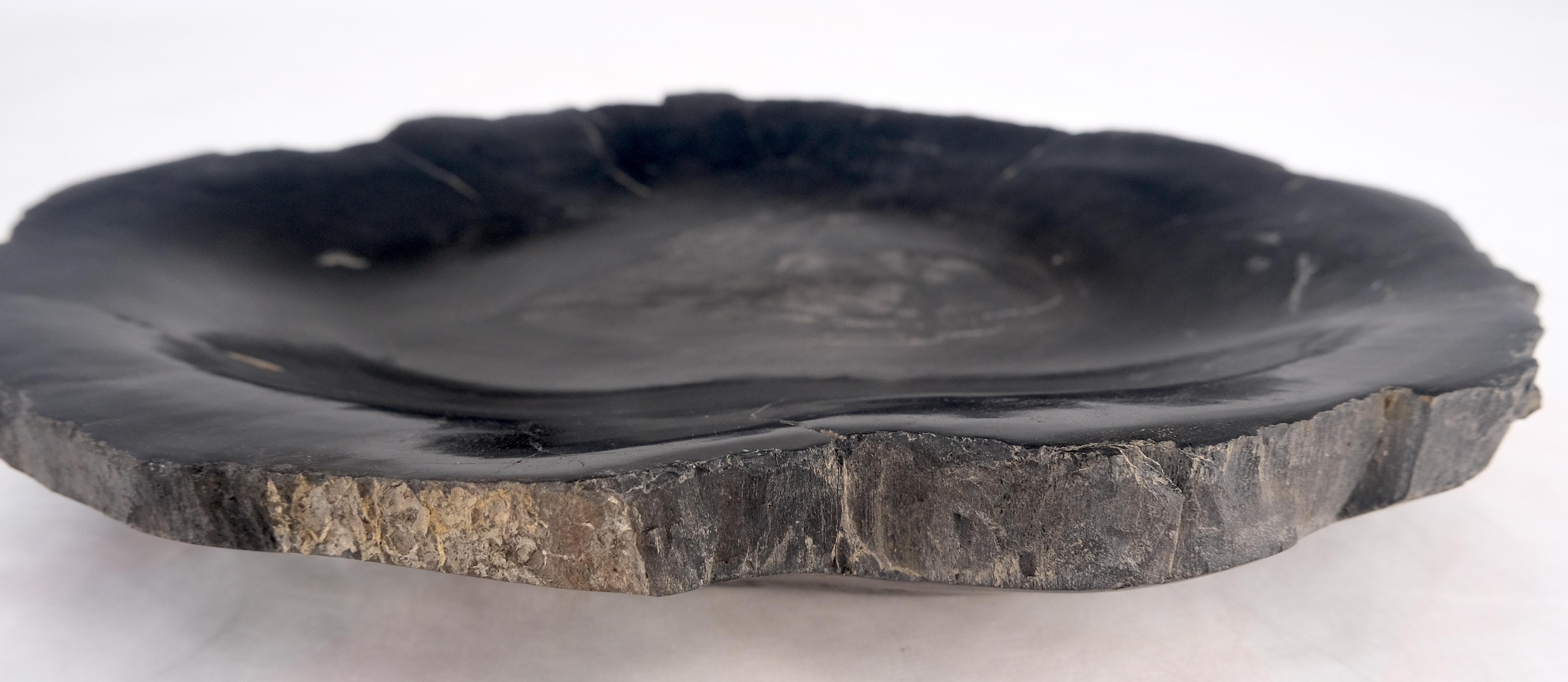 20th Century Petrified Wood Round Shape Solid Black Round Bowl Dish Large Plate Ashtray For Sale