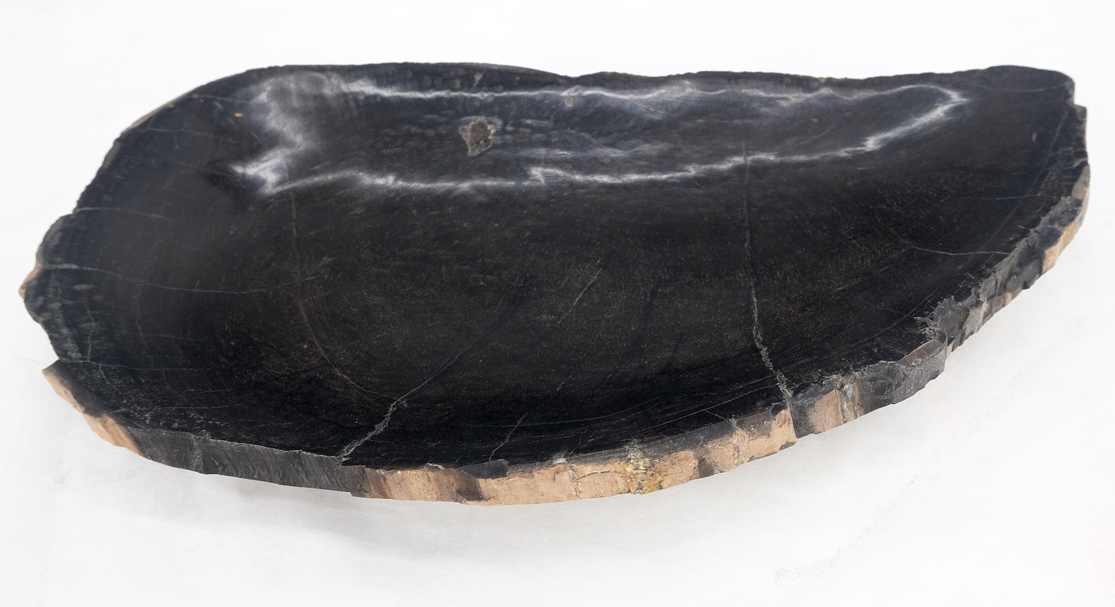 Indonesian Petrified Wood Round Shape Solid Black Round Bowl Dish Large Plate Ashtray MINT! For Sale
