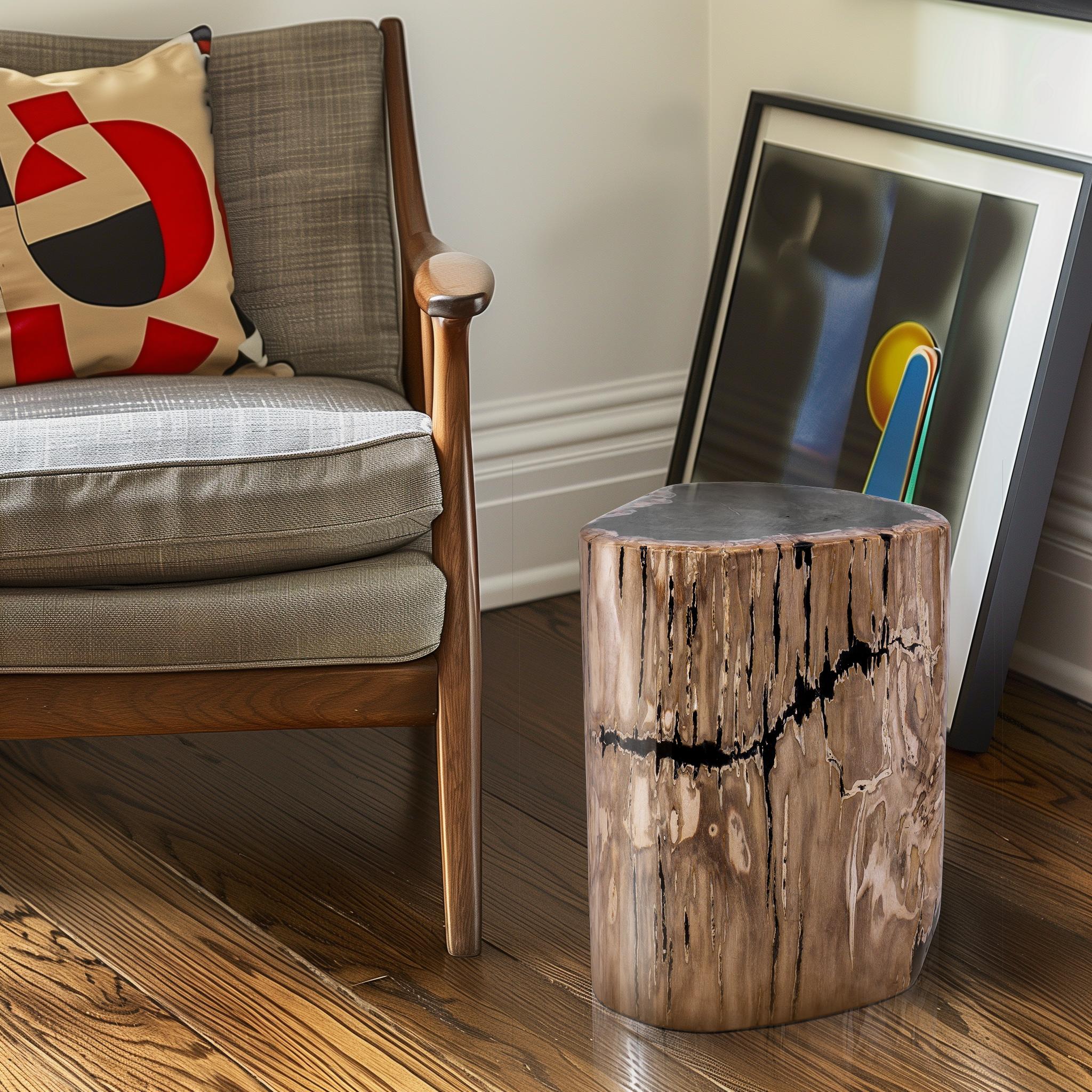 This petrified wood side table is distinguished by its unique blend of rich brown and black tones, with a polished surface that beautifully showcases the natural grain and fossilized textures. Its cylindrical shape provides both a visually appealing