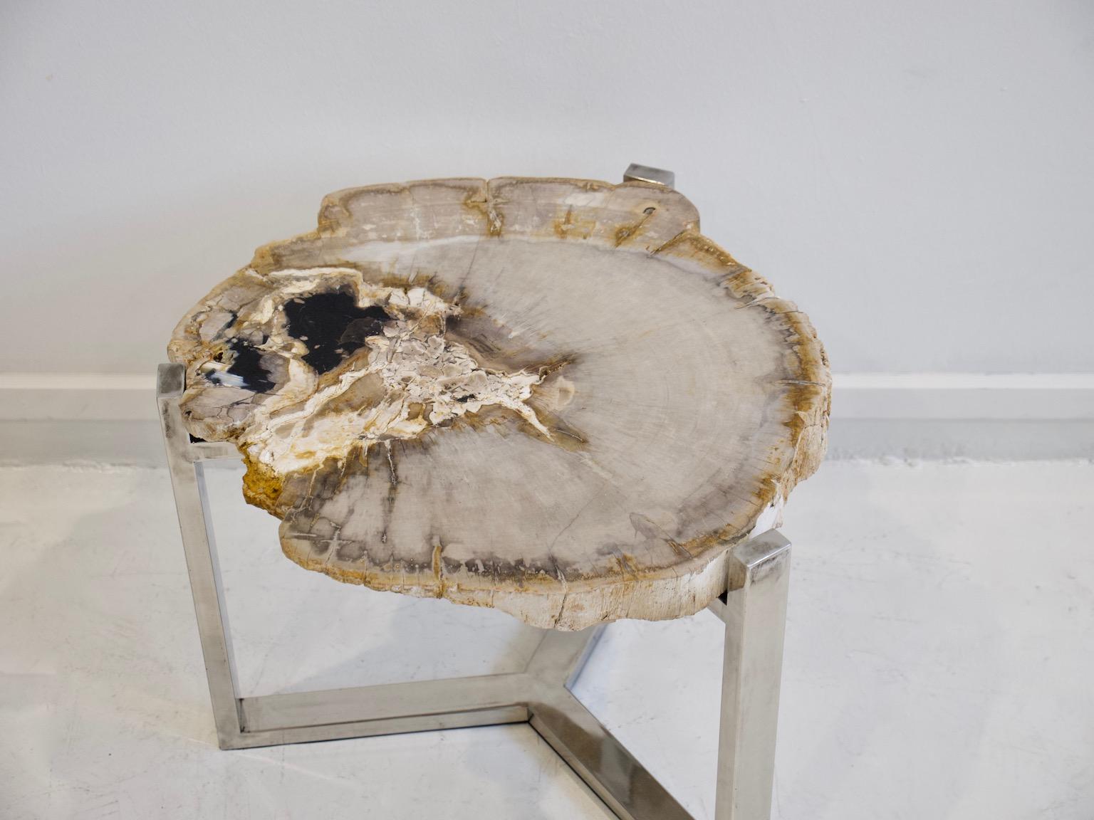 Side table featuring a petrified wood top on a steel tripod stand. Stunning addition to a modern living room.
