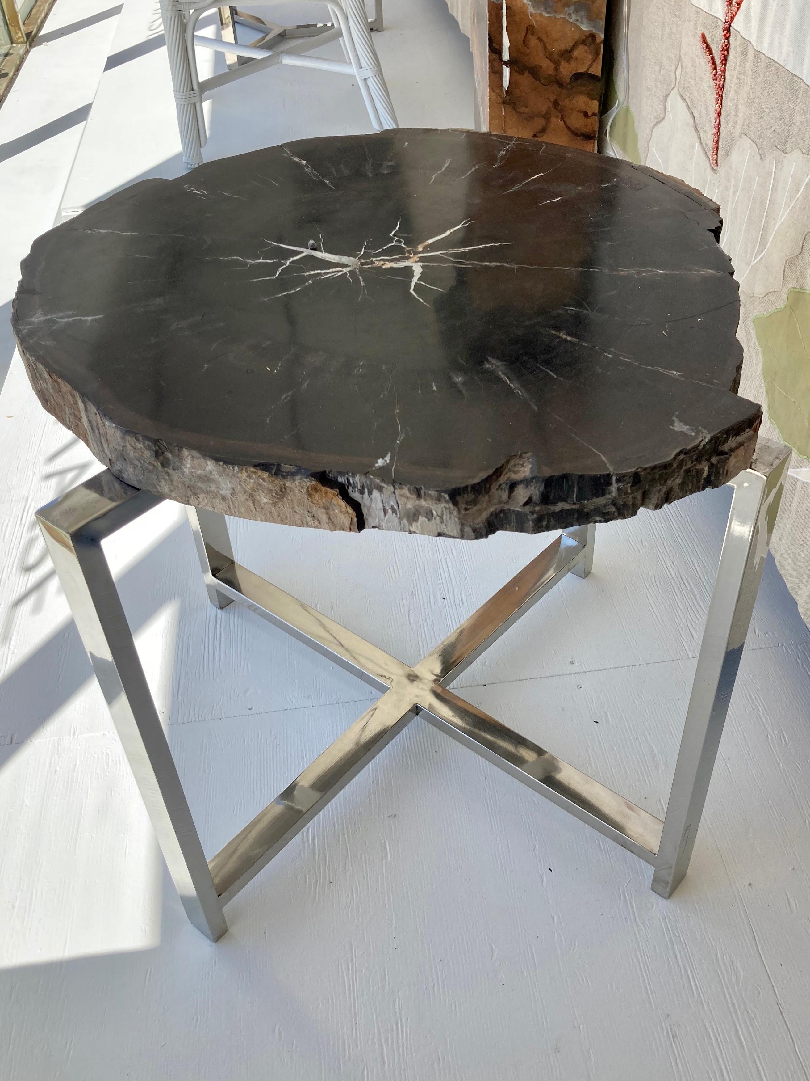 Petrified Wood Side Table With 4 Leg Chrome Base For Sale 4