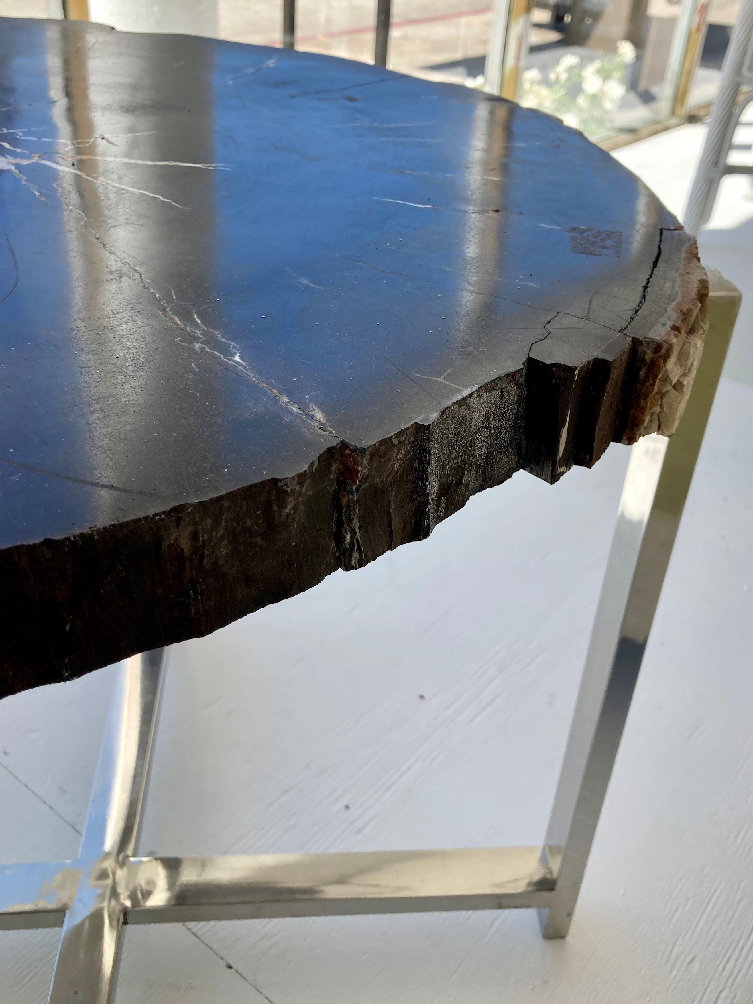 Petrified Wood Side Table With 4 Leg Chrome Base For Sale 6