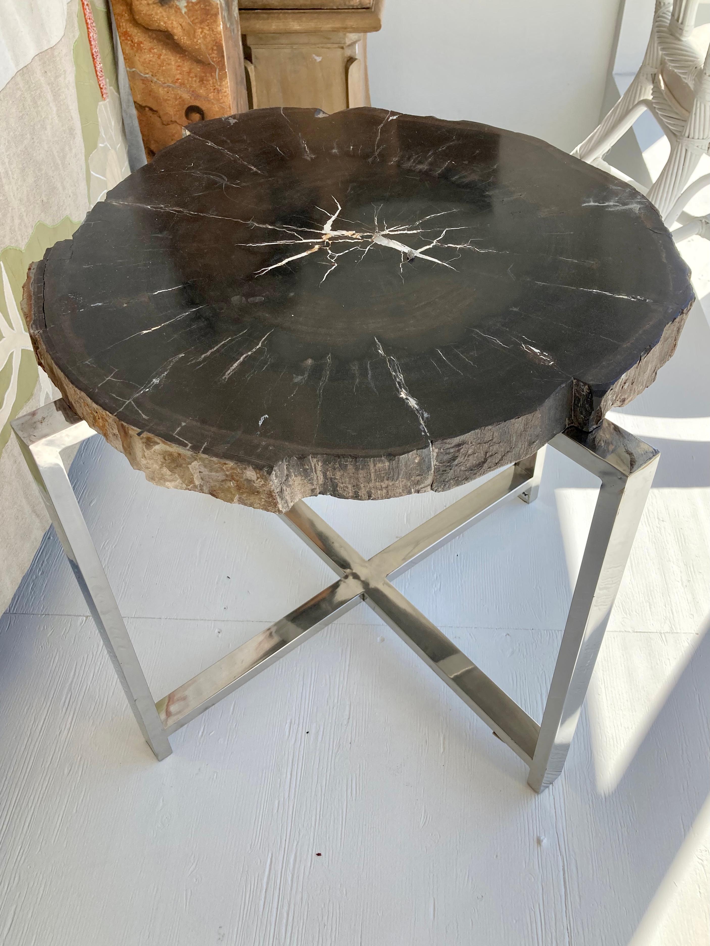 Modern Petrified Wood Side Table With 4 Leg Chrome Base For Sale