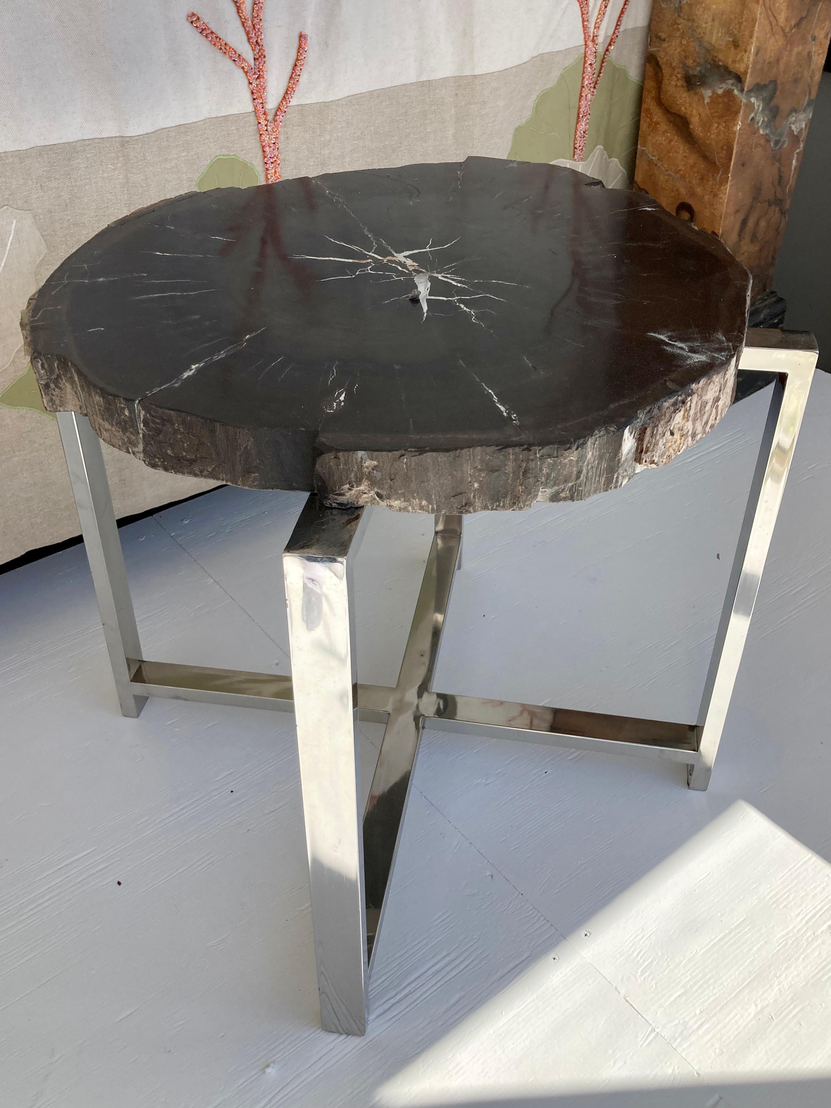 Contemporary Petrified Wood Side Table With 4 Leg Chrome Base For Sale