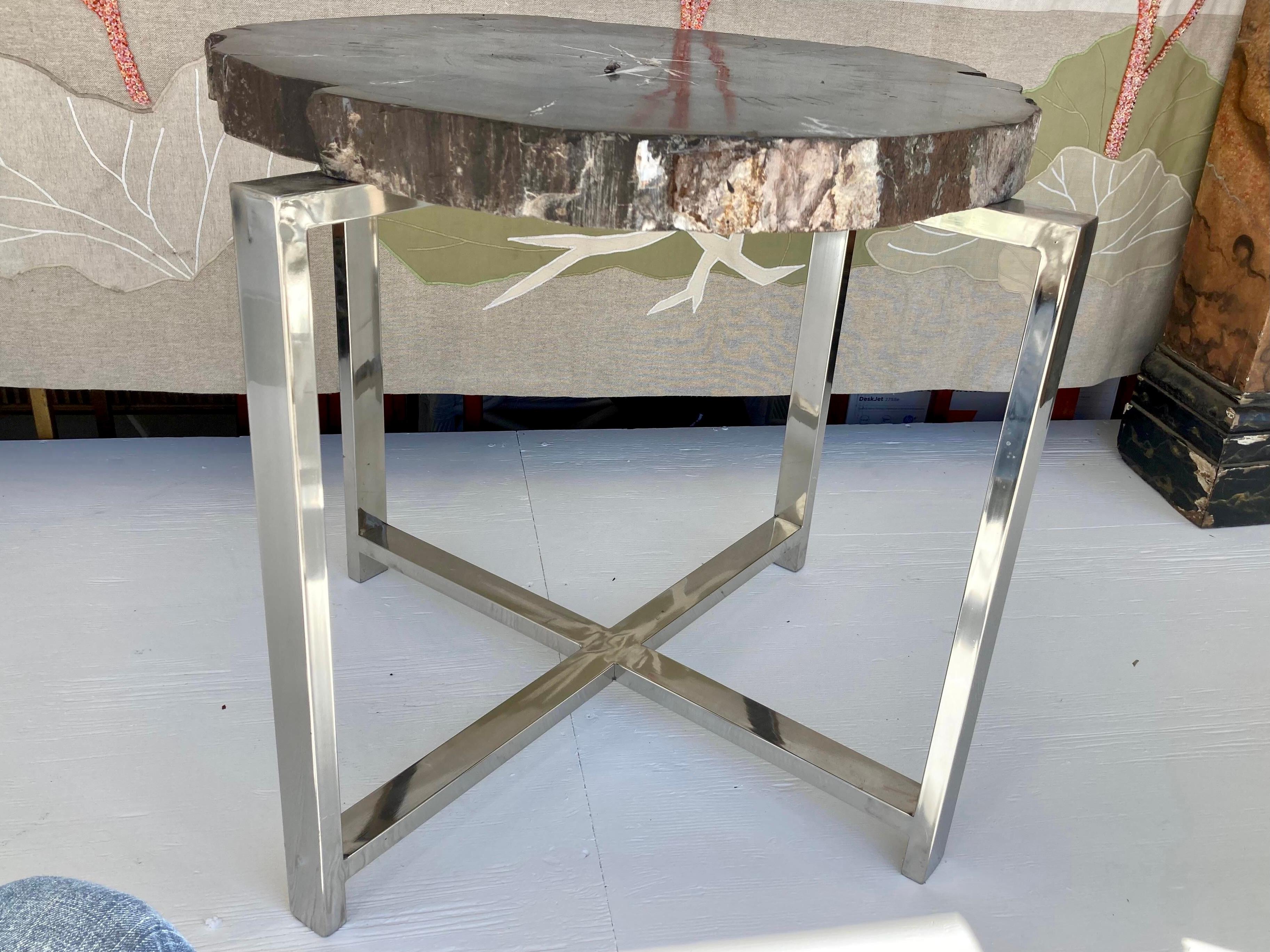 Petrified Wood Side Table With 4 Leg Chrome Base For Sale 1