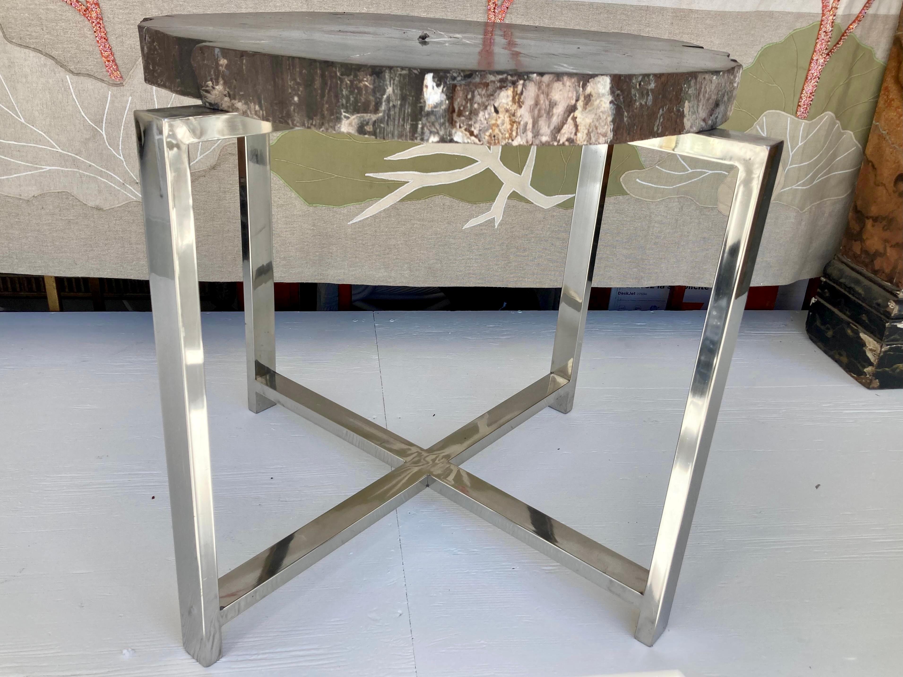 Petrified Wood Side Table With 4 Leg Chrome Base For Sale 2