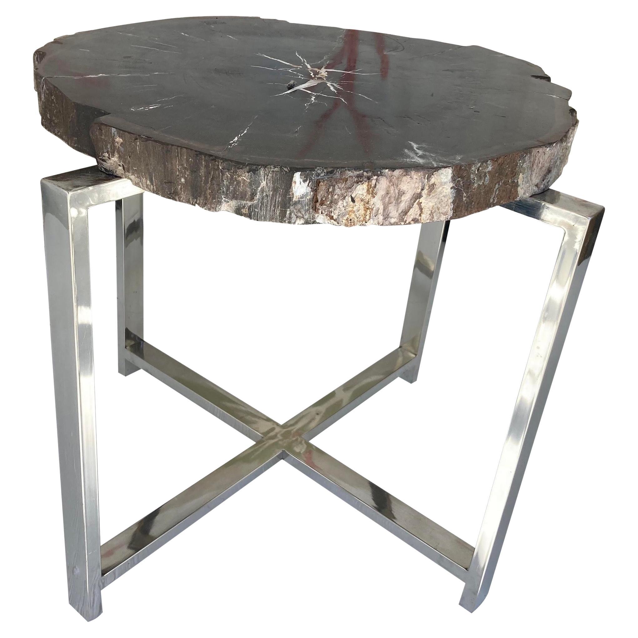 Petrified Wood Side Table With 4 Leg Chrome Base For Sale