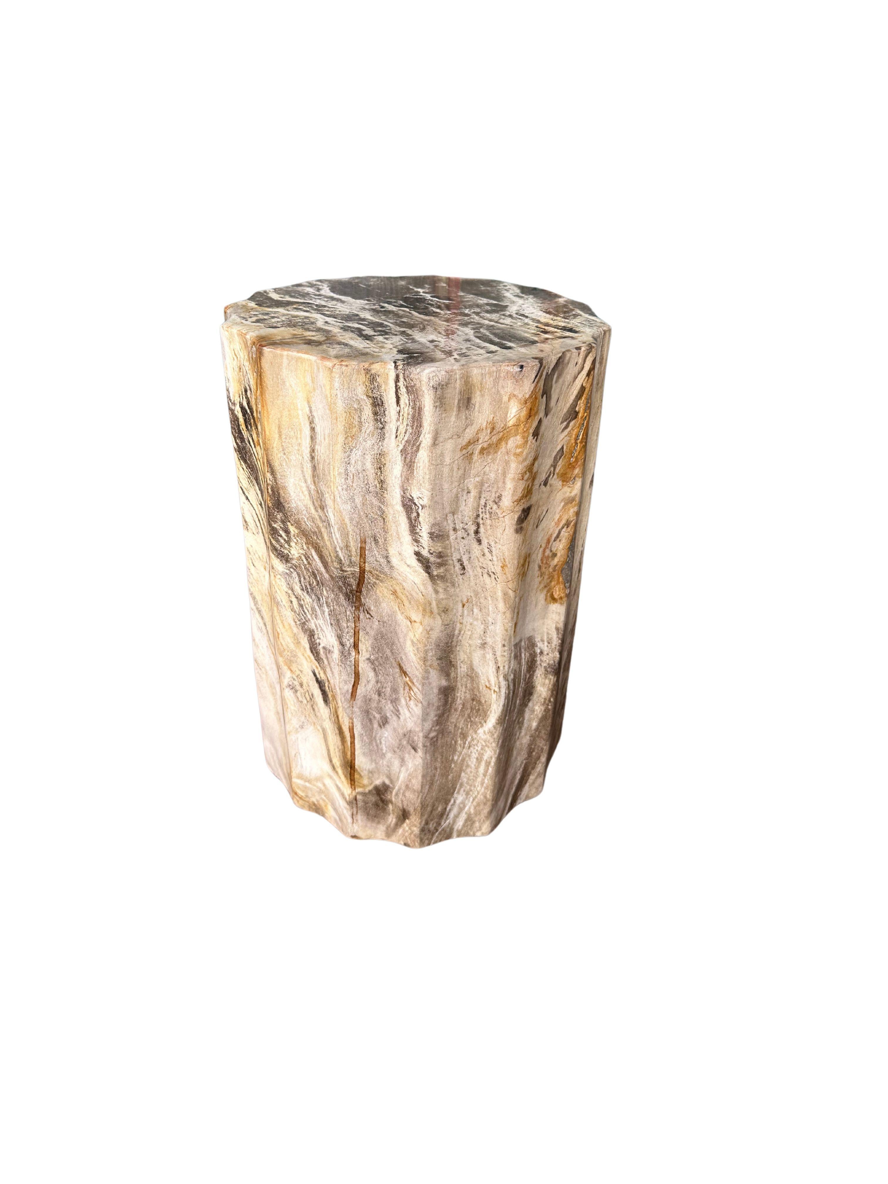 Beistelltisch aus versteinertem Holz mit geschnitzten Details & atemberaubenden Texturen, Modern Organic (Organische Moderne) im Angebot