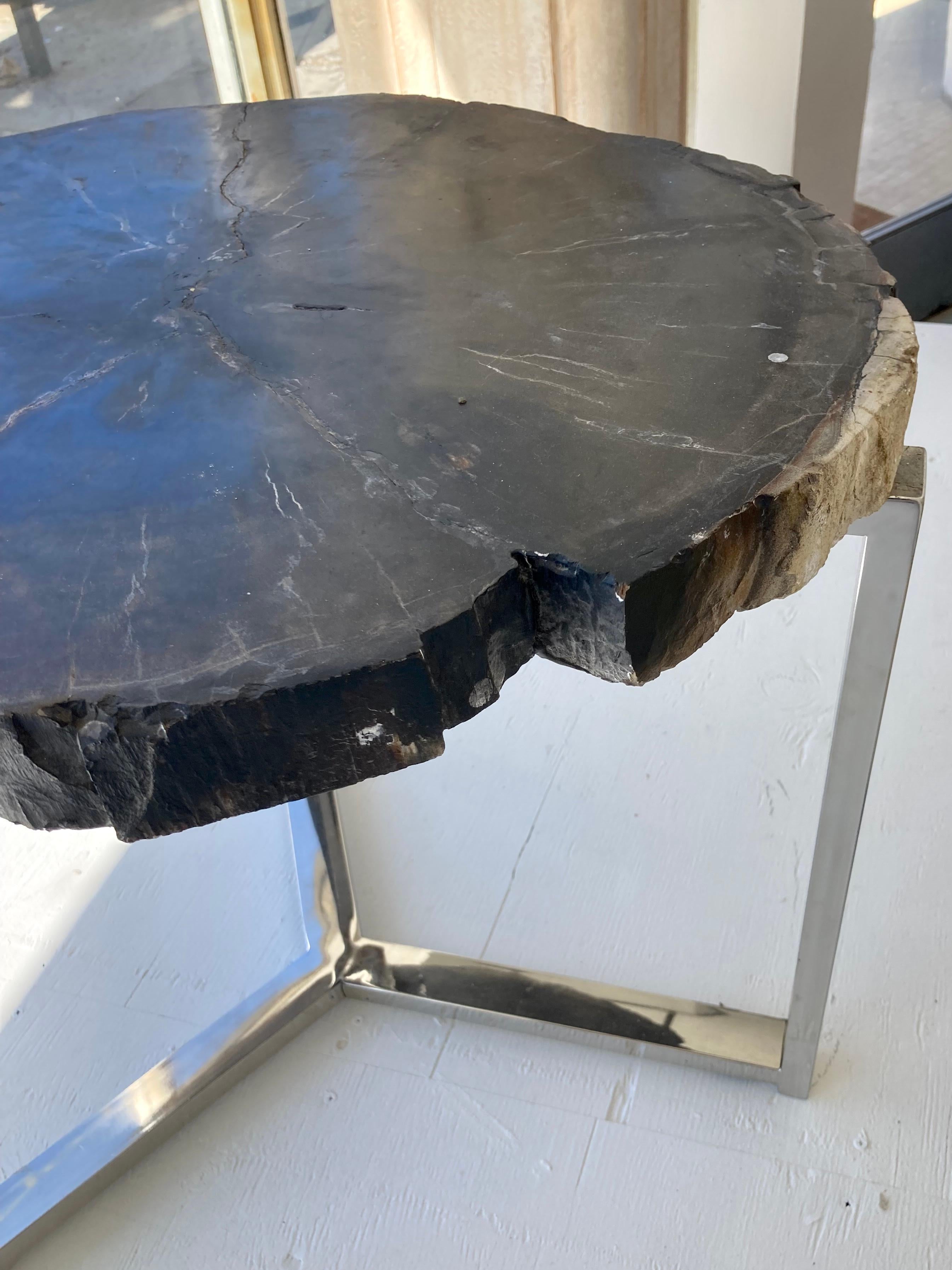 Petrified Wood Side Table With Chrome Base For Sale 4