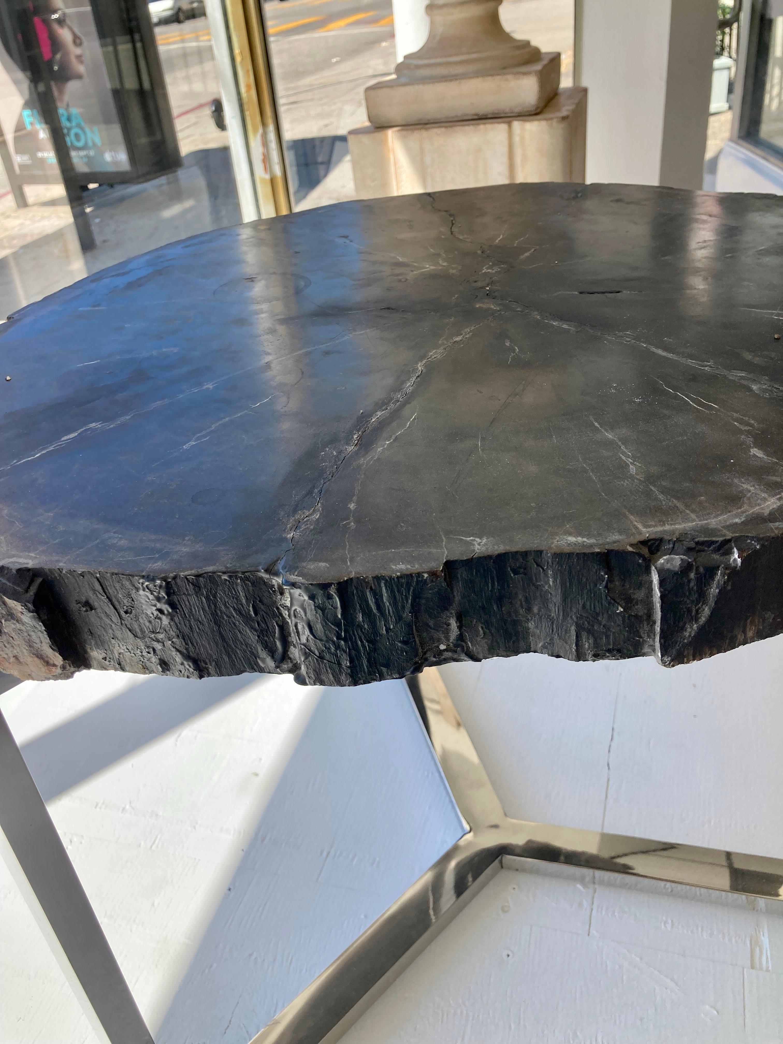 Petrified Wood Side Table With Chrome Base For Sale 5