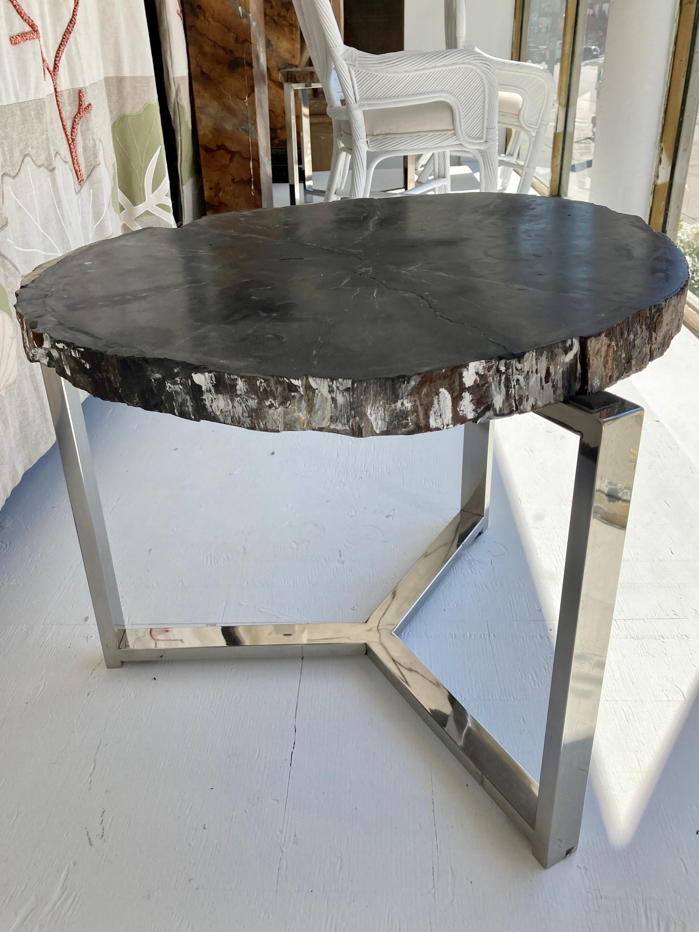 Modern Petrified Wood Side Table With Chrome Base For Sale