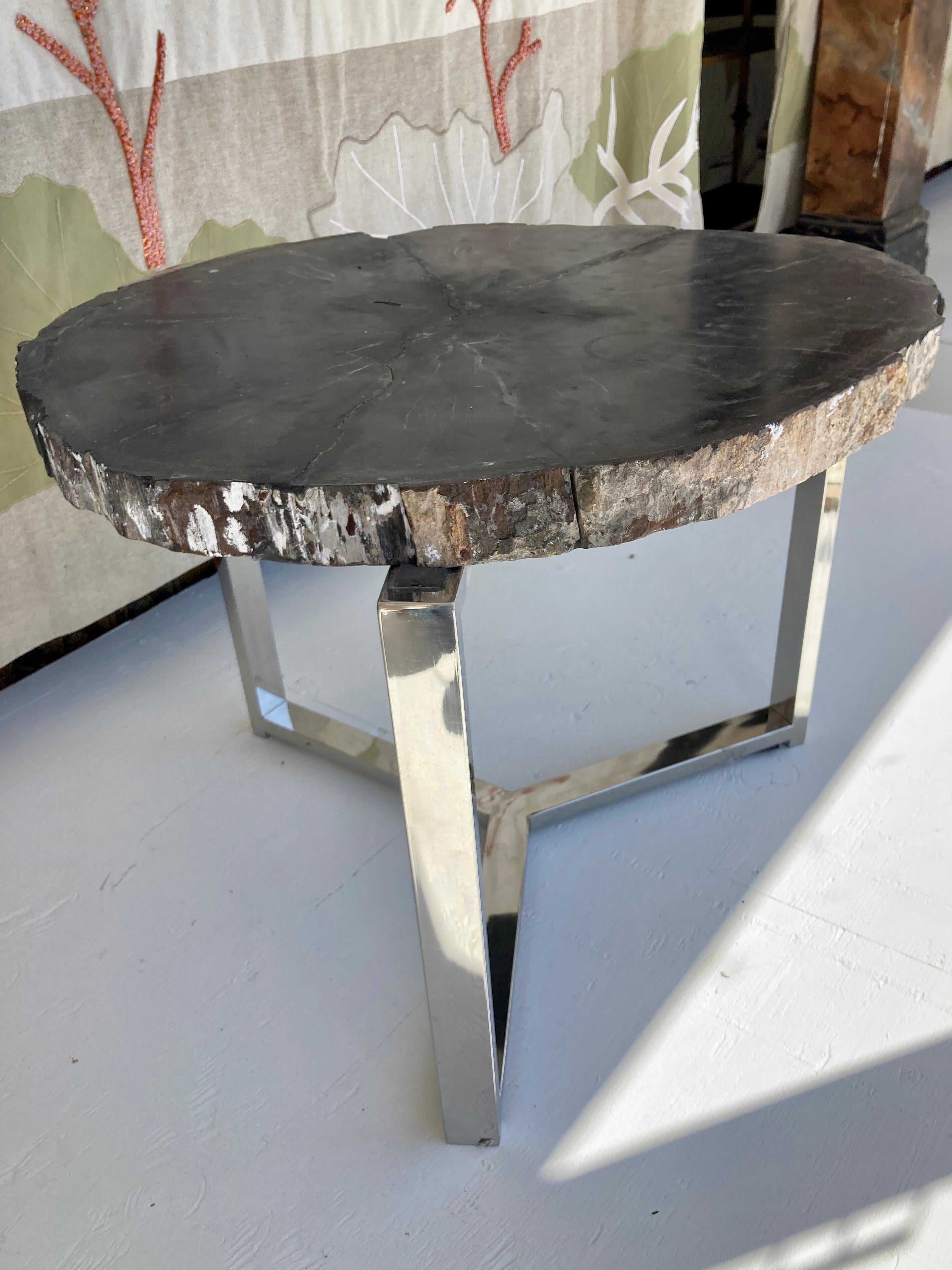 American Petrified Wood Side Table With Chrome Base For Sale