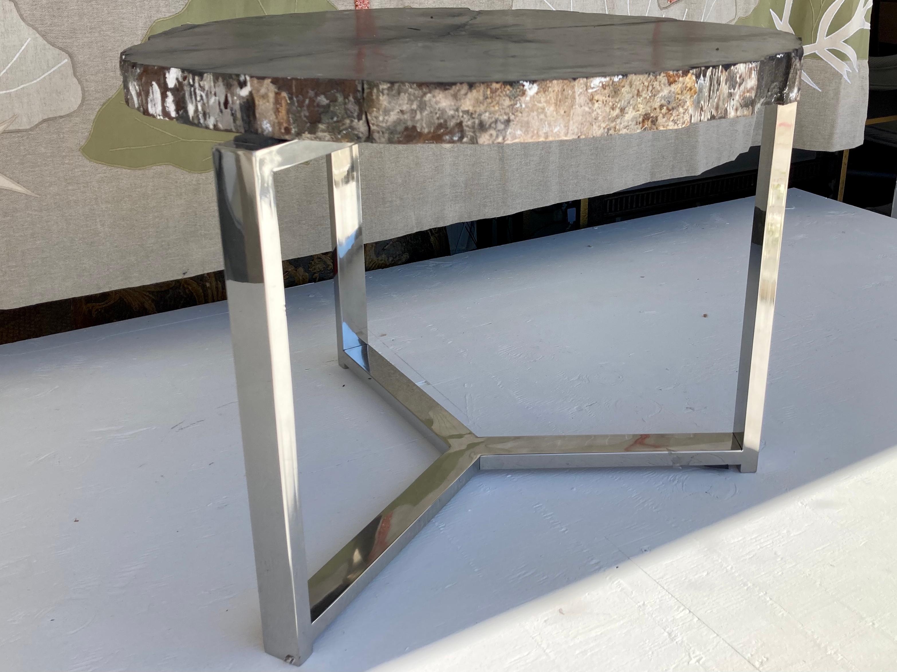 Contemporary Petrified Wood Side Table With Chrome Base For Sale