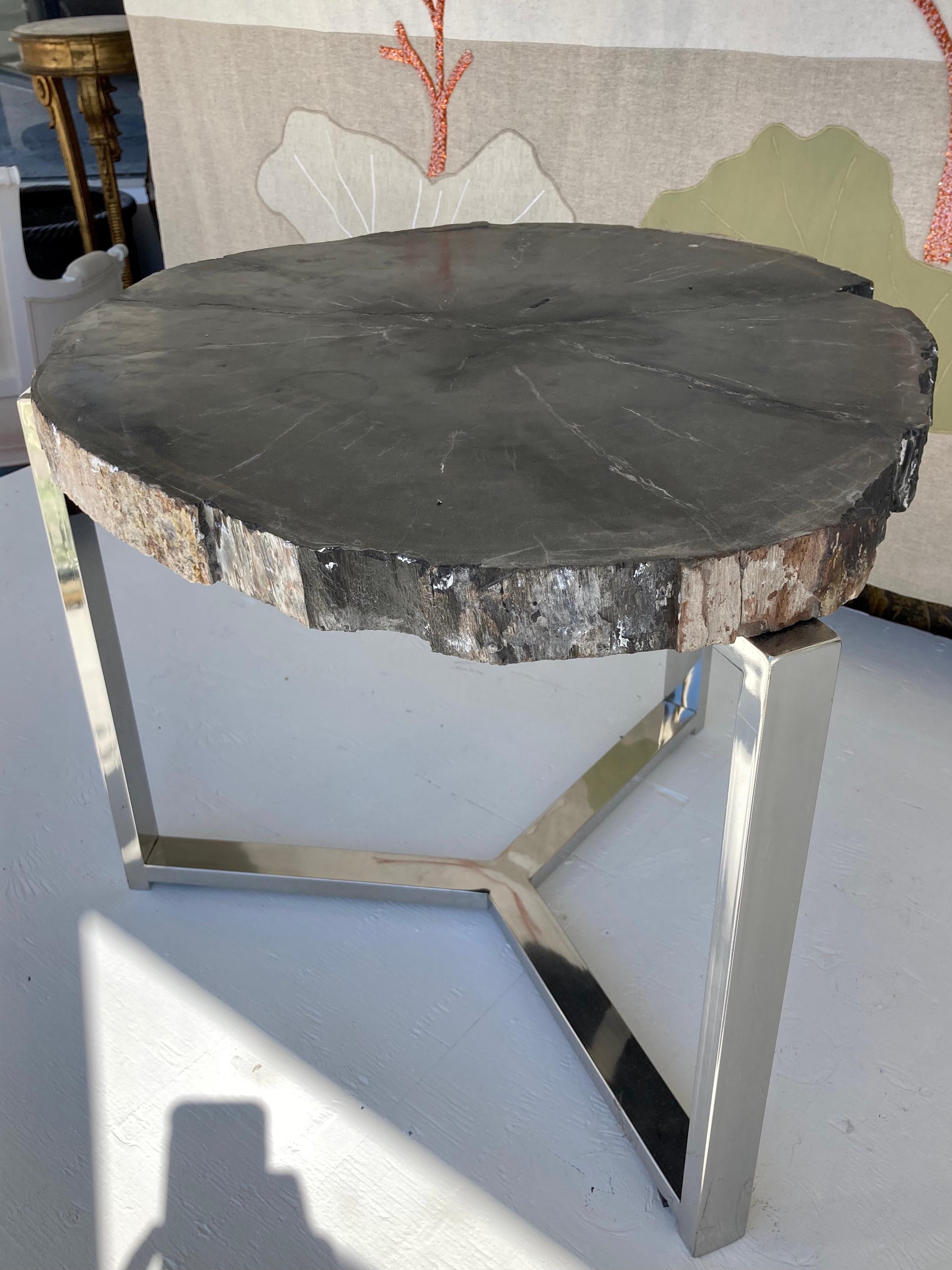 Petrified Wood Side Table With Chrome Base For Sale 1
