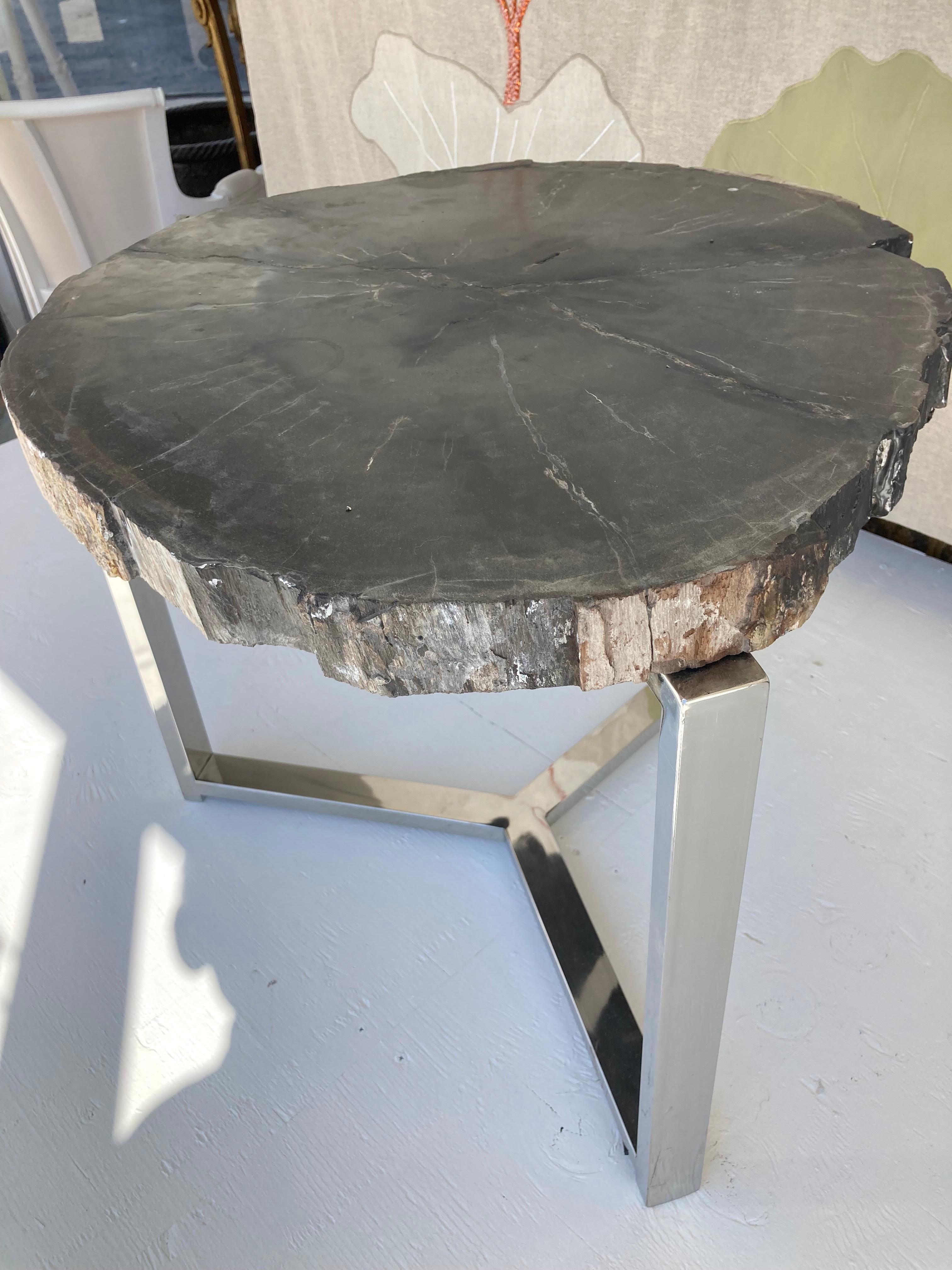 Petrified Wood Side Table With Chrome Base For Sale 2