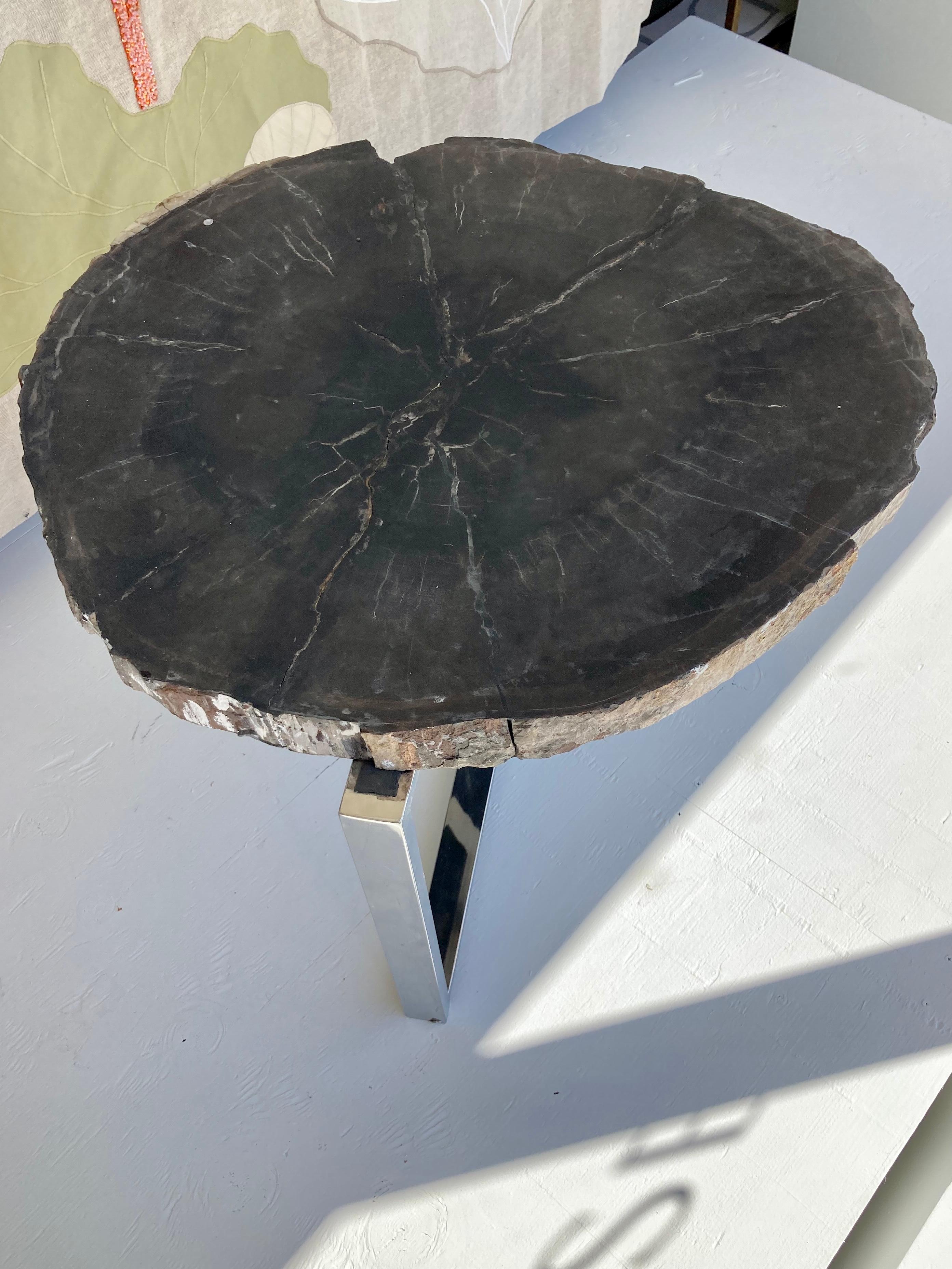 Petrified Wood Side Table With Chrome Base For Sale 3